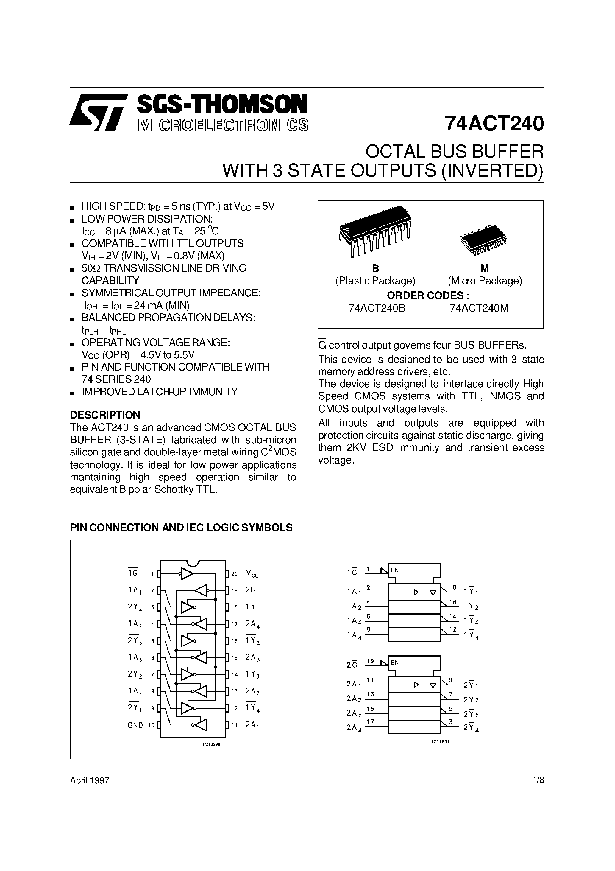 Даташит 74ACT240 - OCTAL BUS BUFFER WITH 3 STATE OUTPUTS INVERTED страница 1