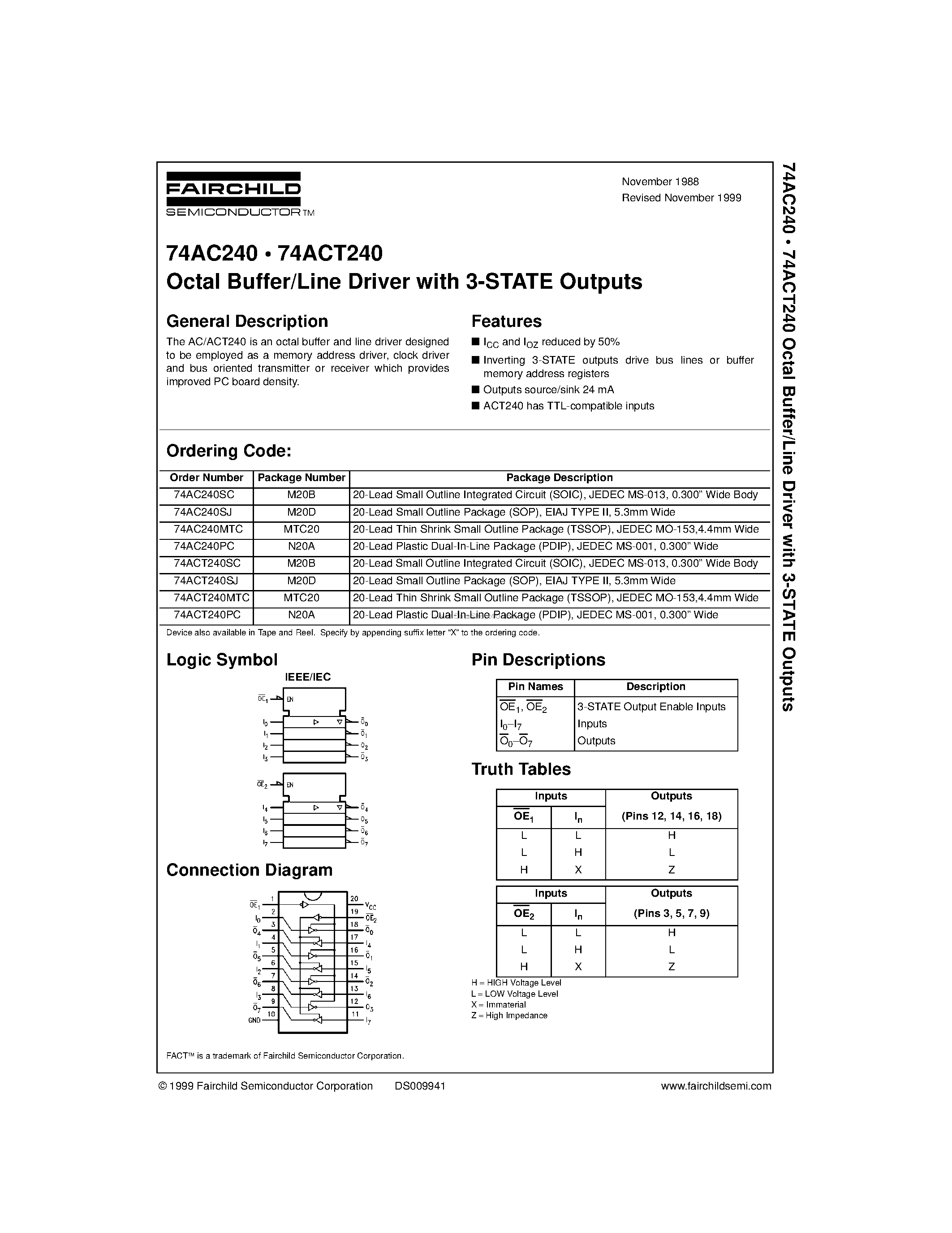 Даташит 74ACT240SC - Octal Buffer/Line Driver with 3-STATE Outputs страница 1