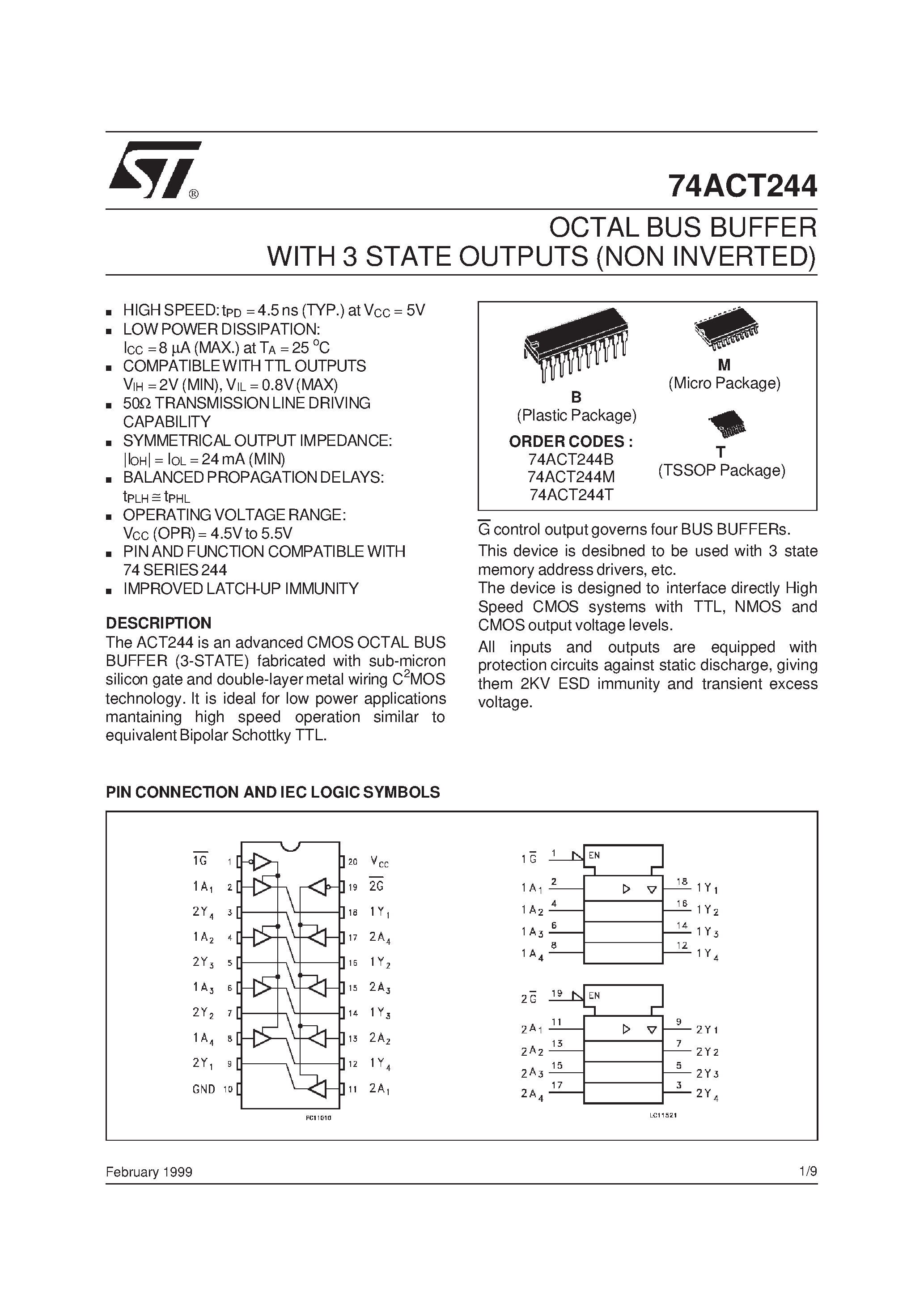 Даташит 74ACT244 - OCTAL BUS BUFFER WITH 3 STATE OUTPUTS NON INVERTED страница 1