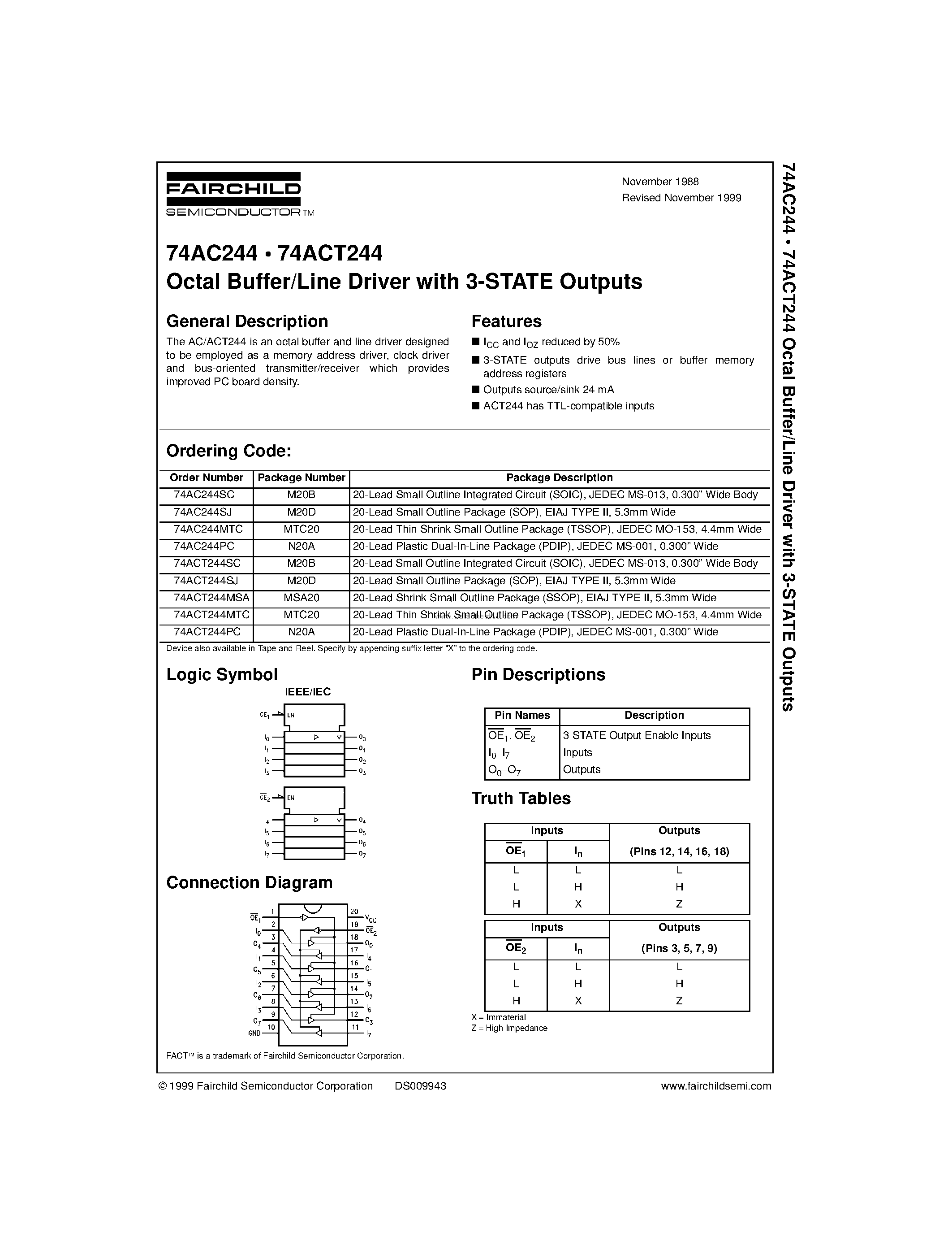 Даташит 74ACT244MSA - Octal Buffer/Line Driver with 3-STATE Outputs страница 1