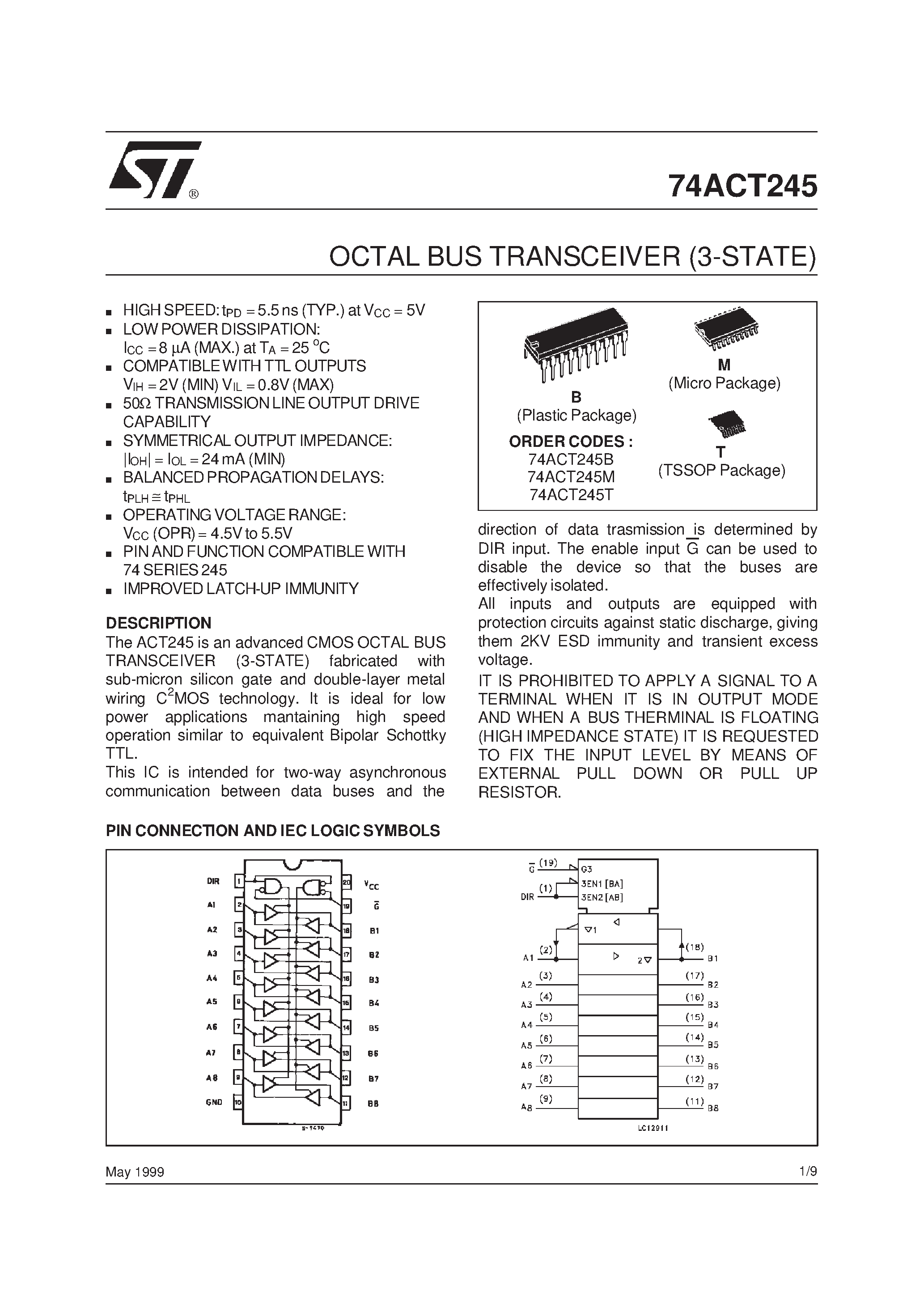 Даташит 74ACT245 - OCTAL BUS TRANSCEIVER 3-STATE страница 1