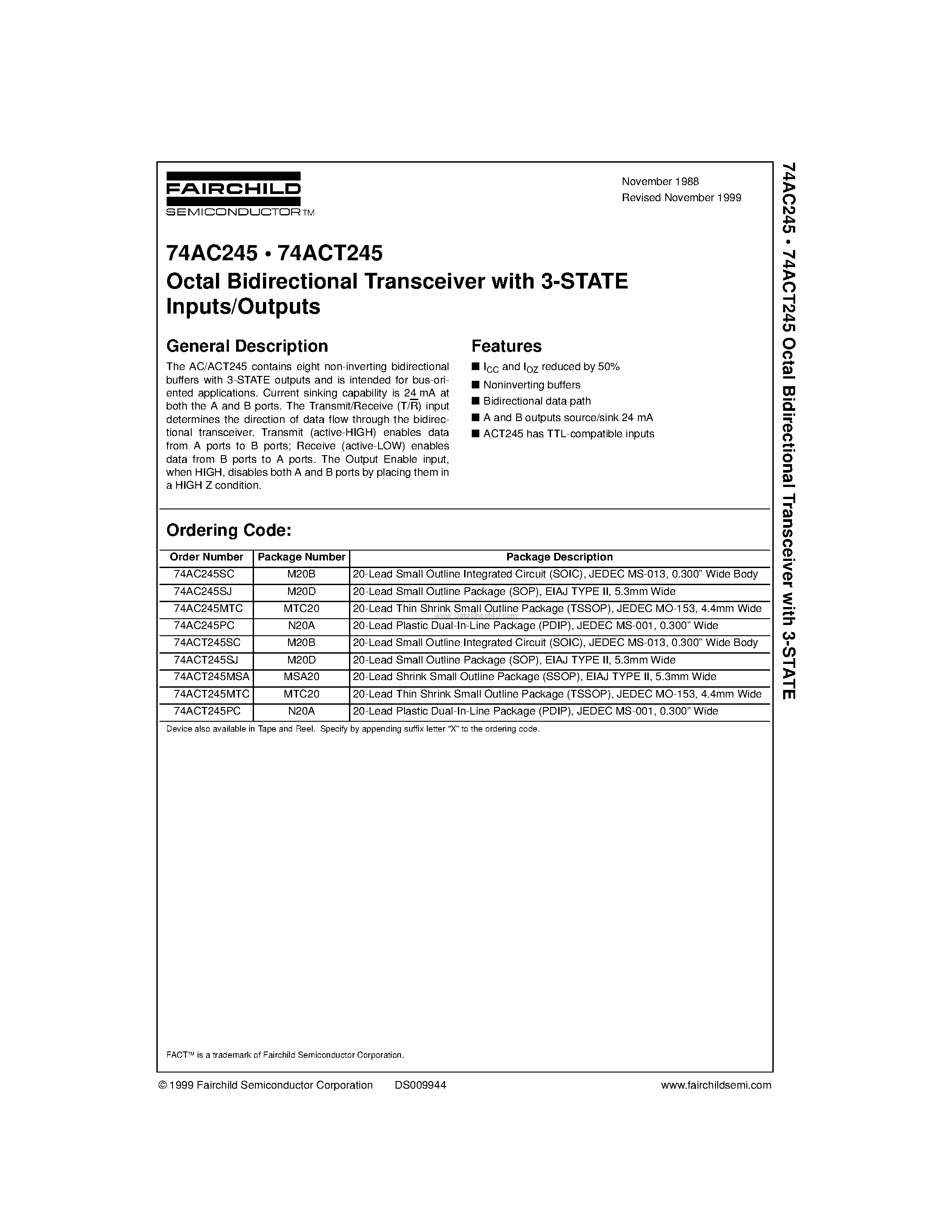 Даташит 74ACT245PC - Octal Bidirectional Transceiver with 3-STATE Inputs/Outputs страница 1