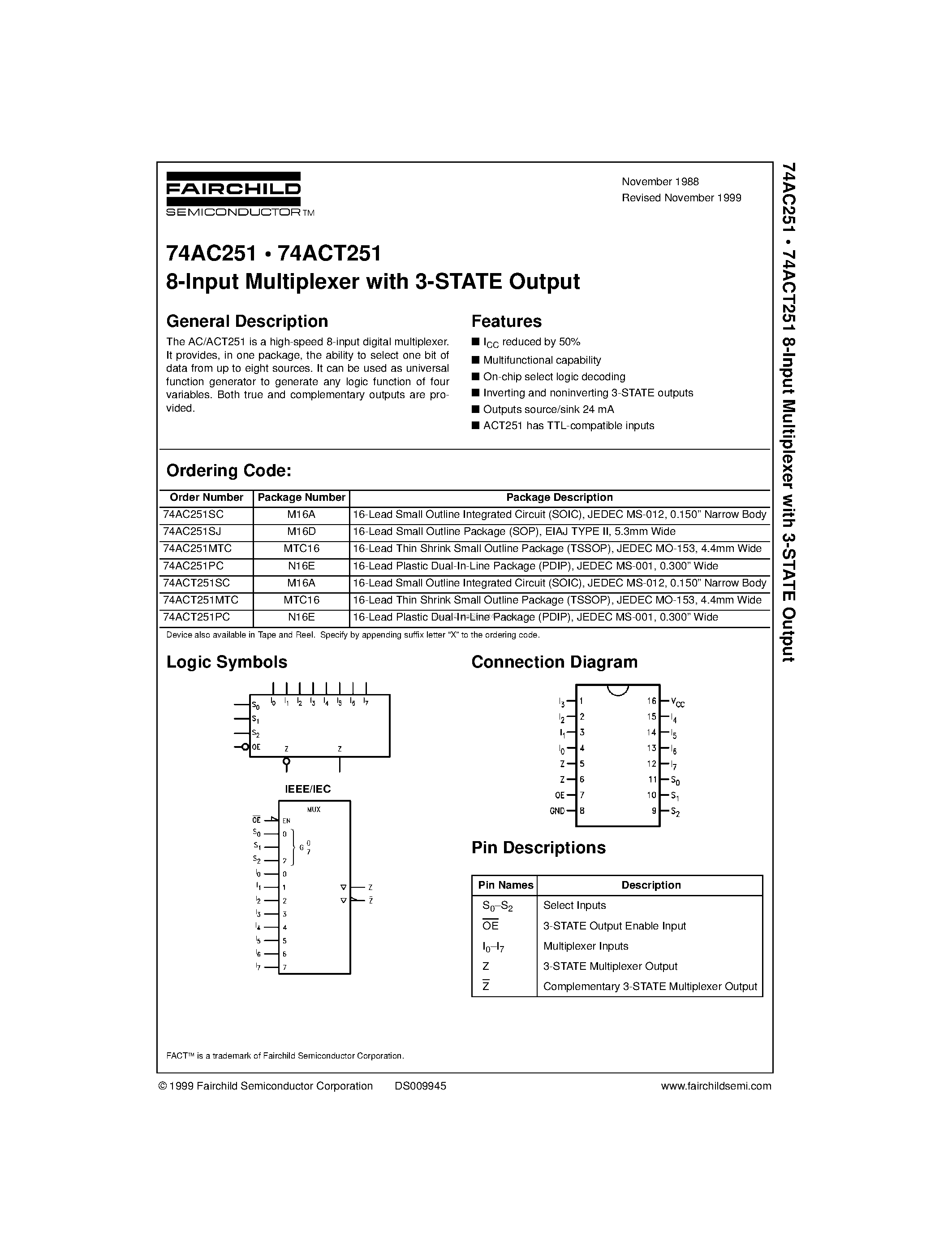 Даташит 74ACT251 - 8-Input Multiplexer with 3-STATE Output страница 1