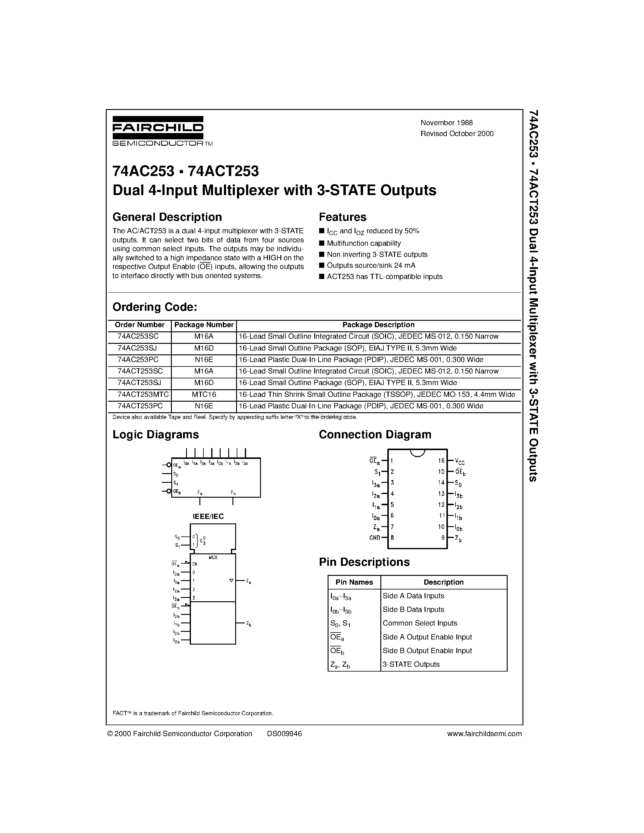 Даташит 74ACT253PC - Dual 4-Input Multiplexer with 3-STATE Outputs страница 1