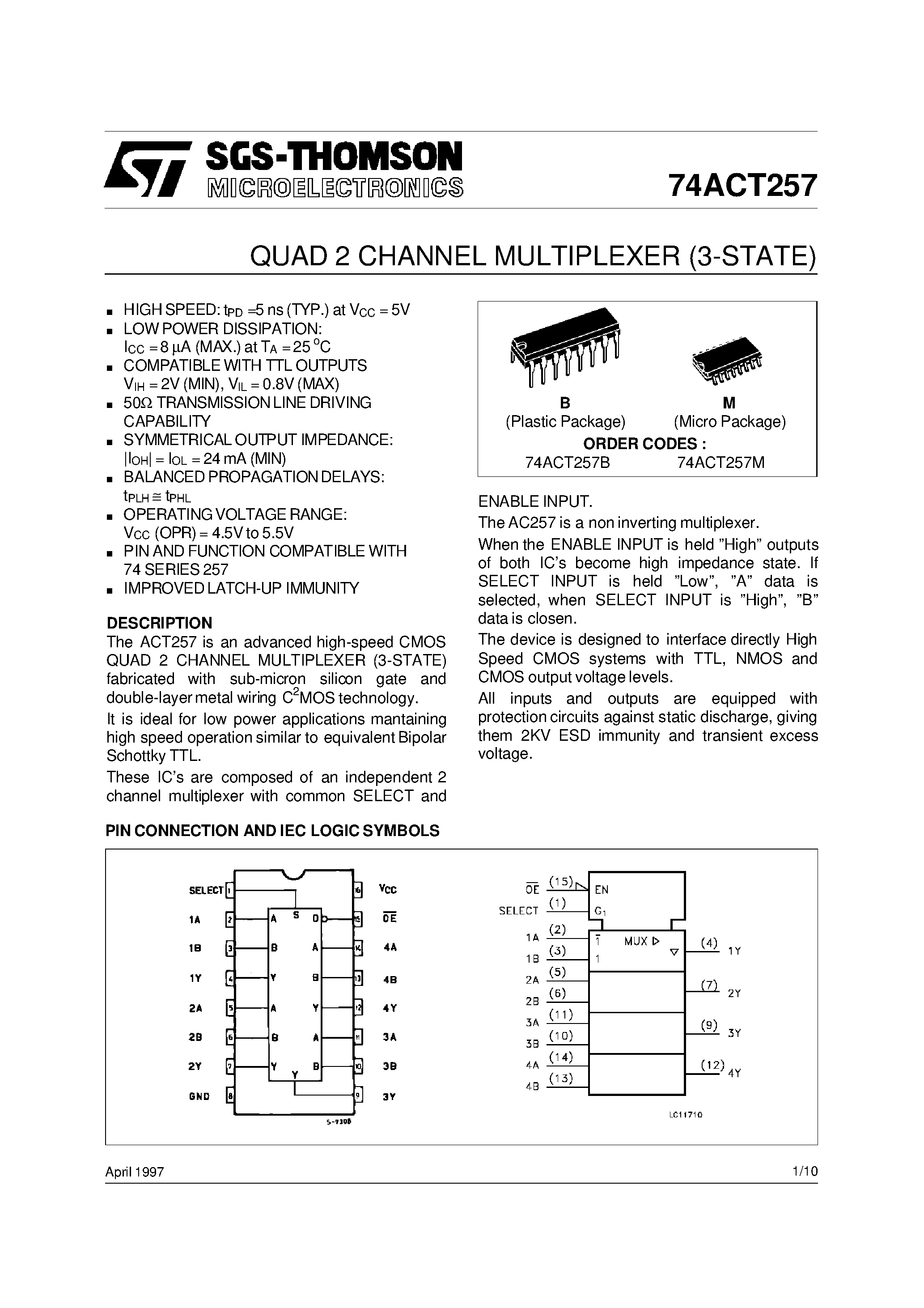 Даташит 74ACT257 - QUAD 2 CHANNEL MULTIPLEXER 3-STATE страница 1