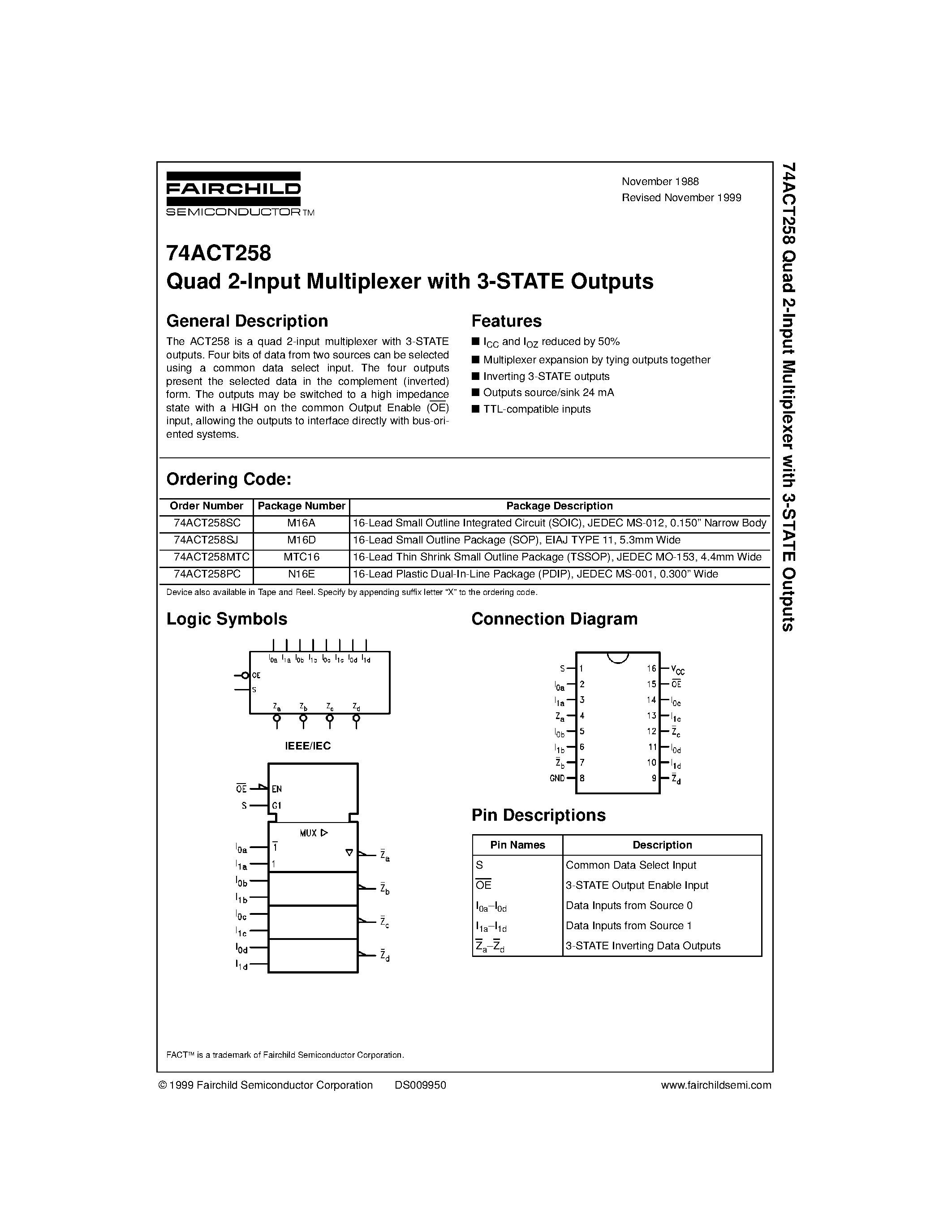 Даташит 74ACT258 - Quad 2-Input Multiplexer with 3-STATE Outputs страница 1