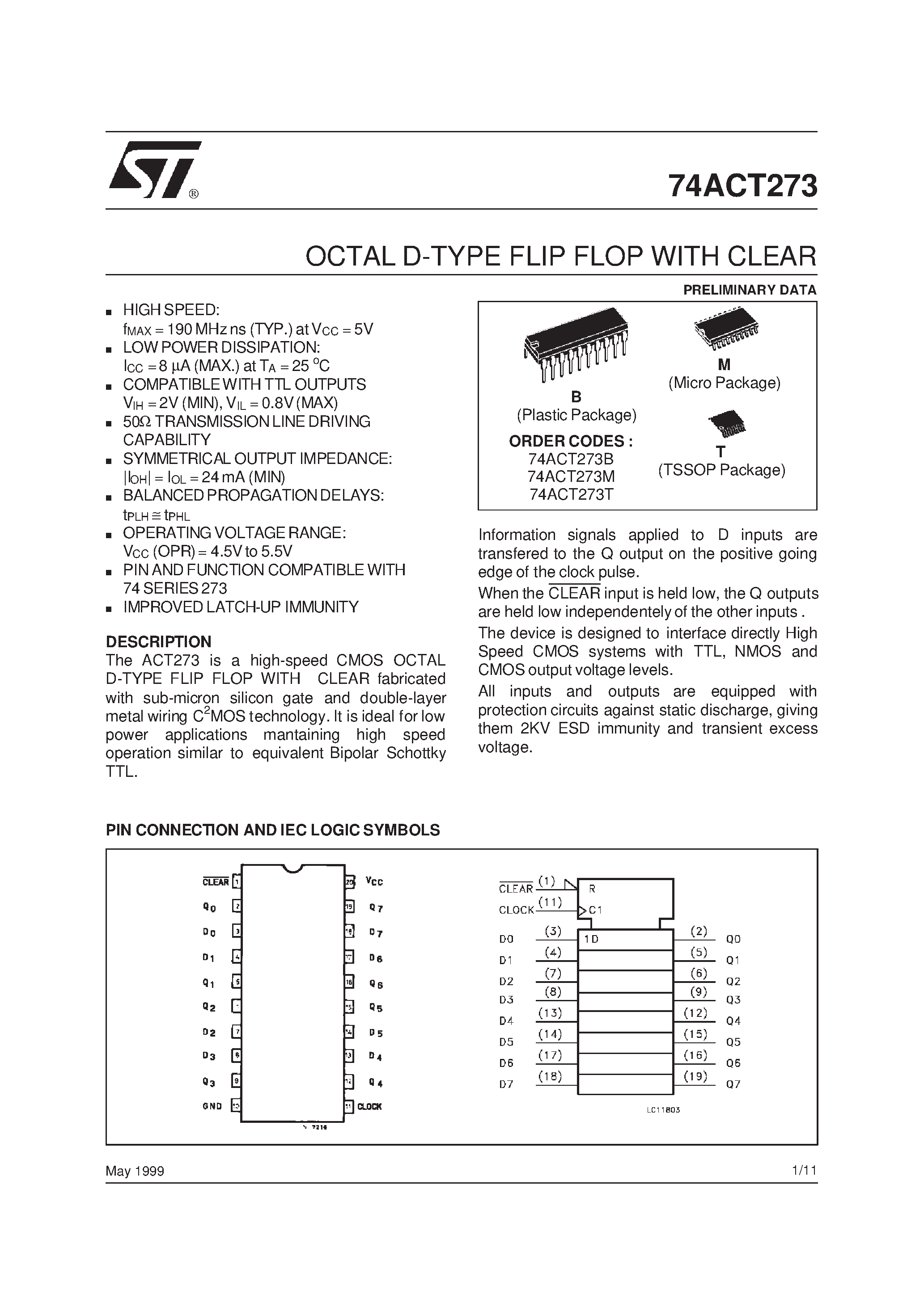 Даташит 74ACT273 - OCTAL D-TYPE FLIP FLOP WITH CLEAR страница 1