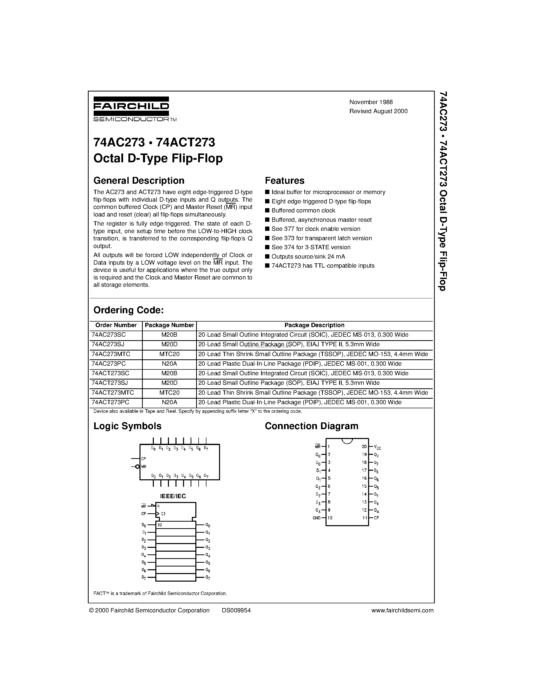 Даташит 74ACT273PC - Octal D-Type Flip-Flop страница 1