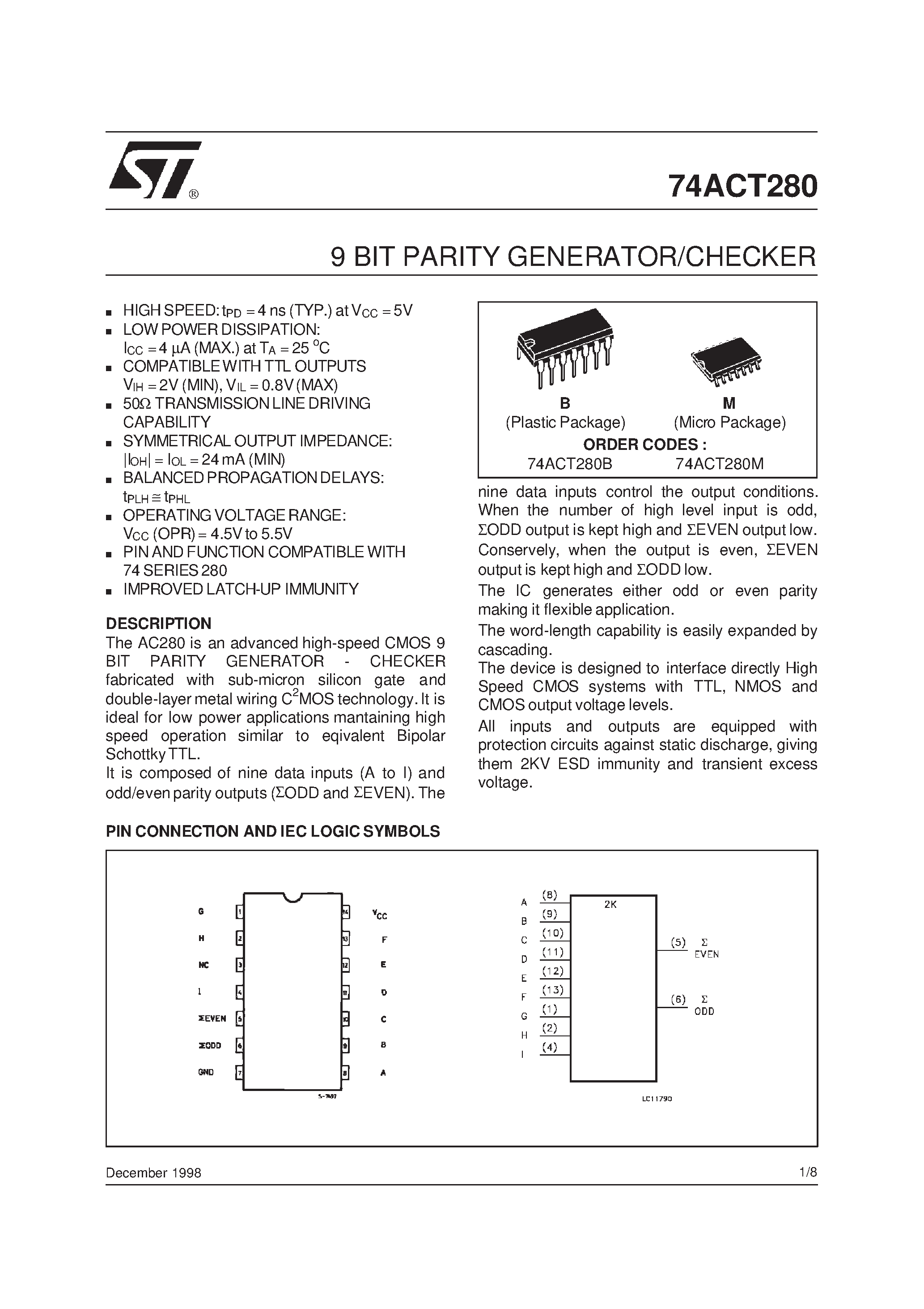 Даташит 74ACT280 - 9 BIT PARITY GENERATOR/CHECKER страница 1