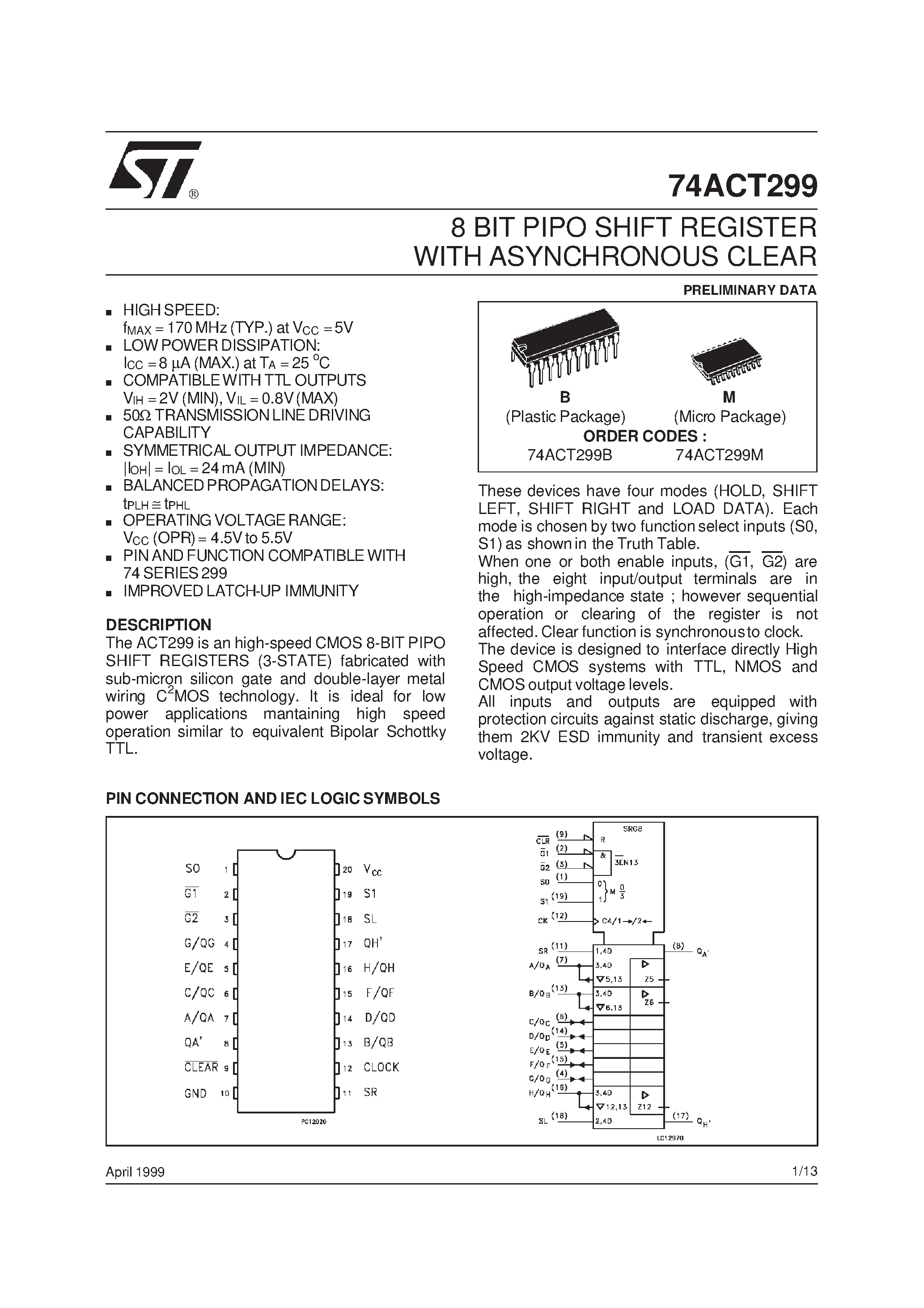 Даташит 74ACT299 - 8 BIT PIPO SHIFT REGISTER WITH ASYNCHRONOUS CLEAR страница 1