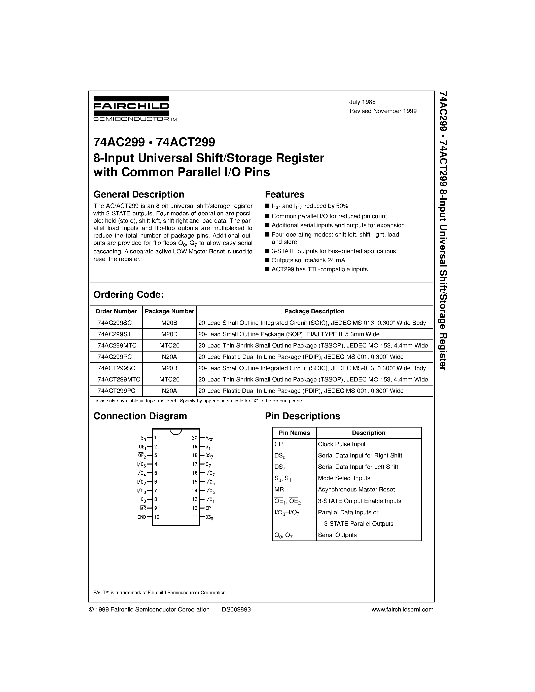 Даташит 74ACT299 - 8-Input Universal Shift/Storage Register страница 1