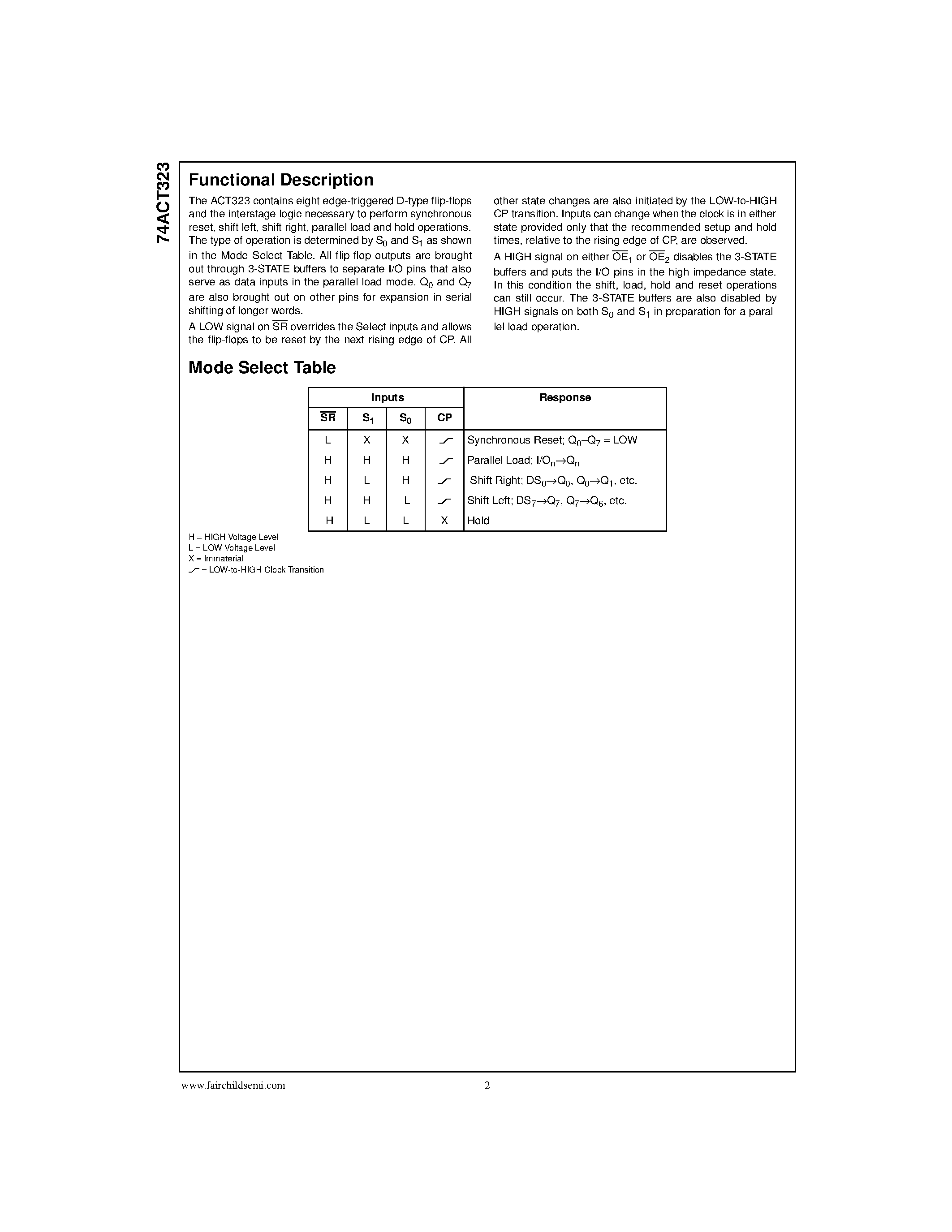 Datasheet 74ACT323 - 8-Bit Universal Shift/Storage Register with Synchronous Reset and Common I/O Pins page 2