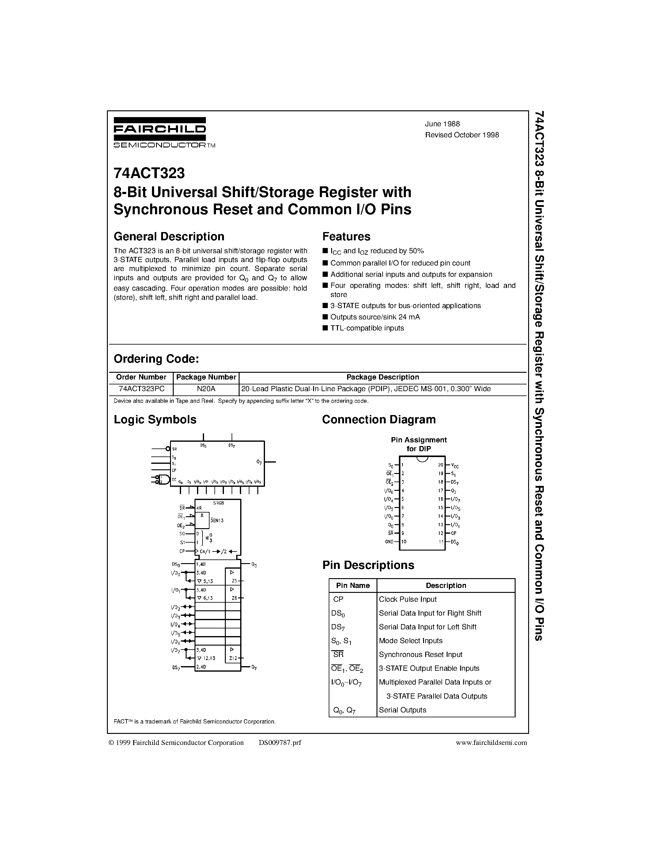 Datasheet 74ACT323PC - 8-Bit Universal Shift/Storage Register with Synchronous Reset and Common I/O Pins page 1