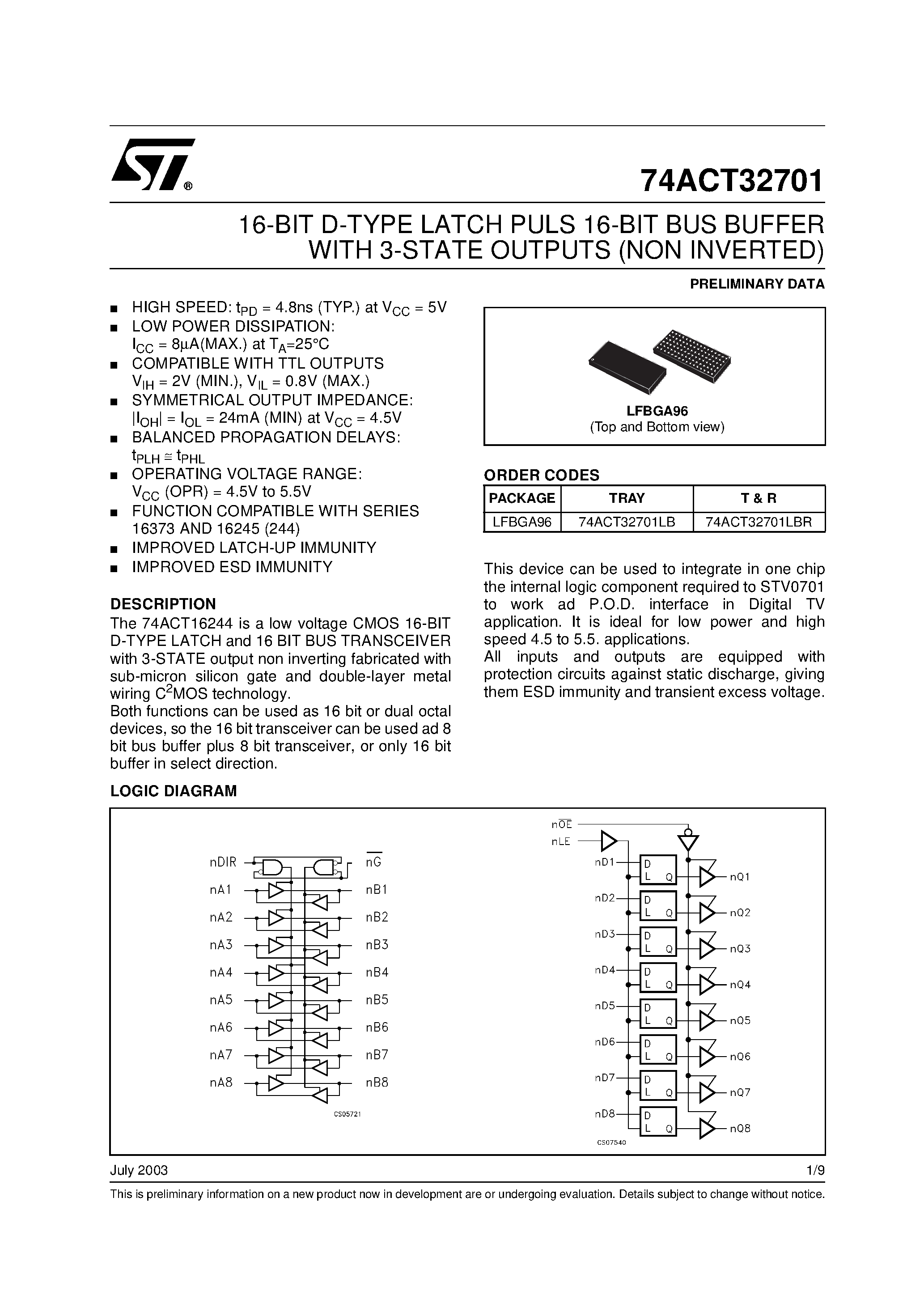 Даташит 74ACT32701 - 16-BIT D-TYPE LATCH PULS 16-BIT BUS BUFFER WITH 3-STATE OUTPUTS (NON INVERTED) страница 1