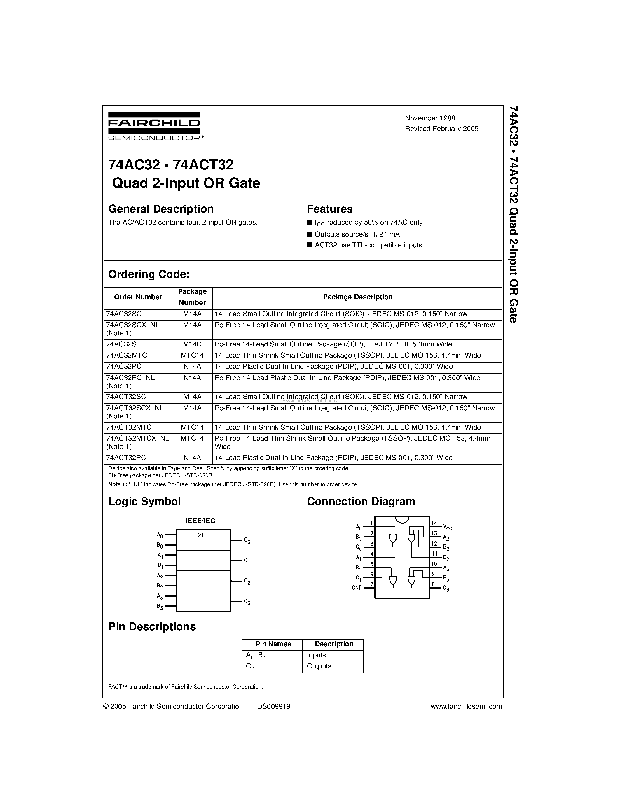 Даташит 74ACT32MTC - Quad 2-Input OR Gate страница 1