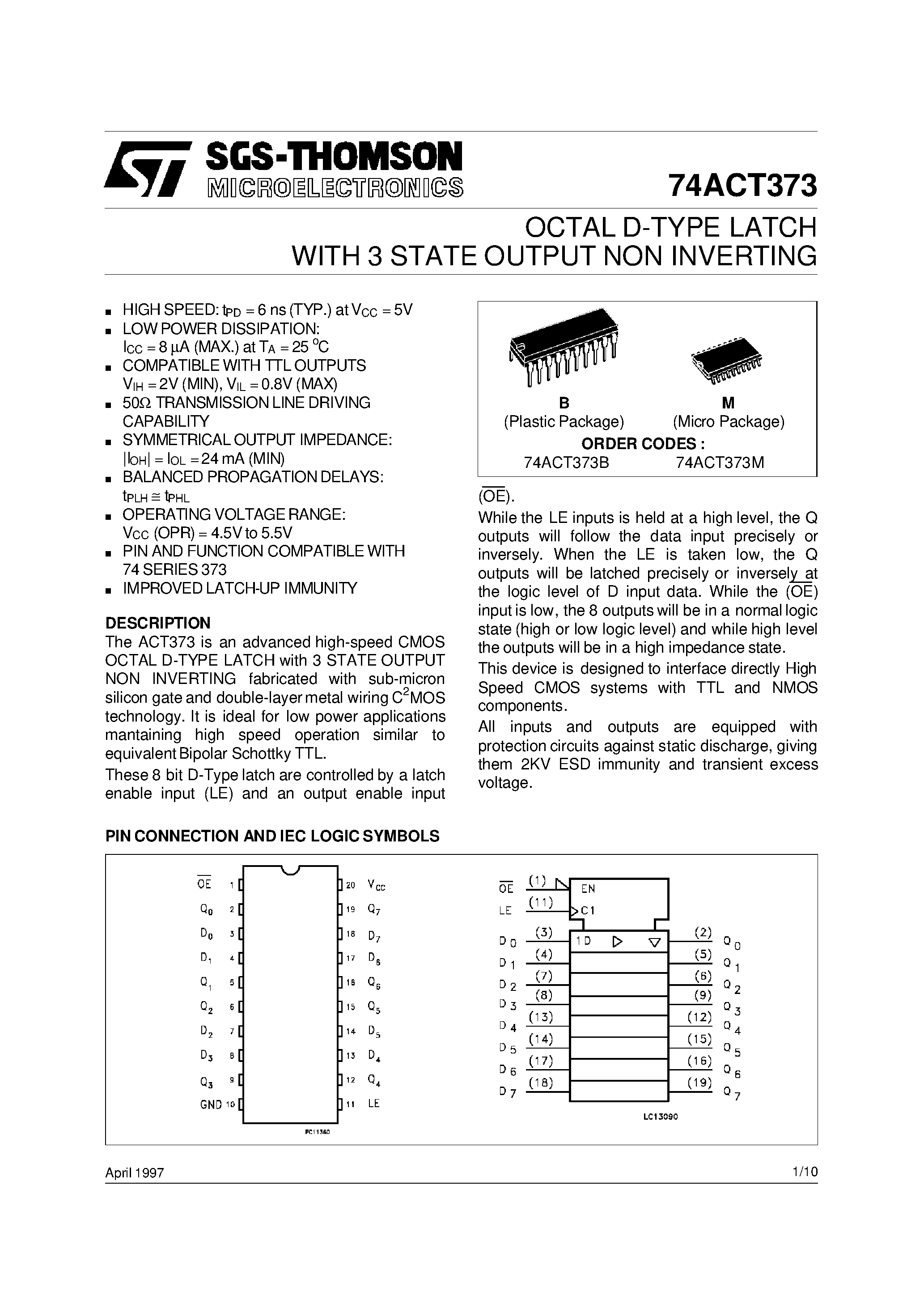 Даташит 74ACT373 - OCTAL D-TYPE LATCH WITH 3 STATE OUTPUT NON INVERTING страница 1