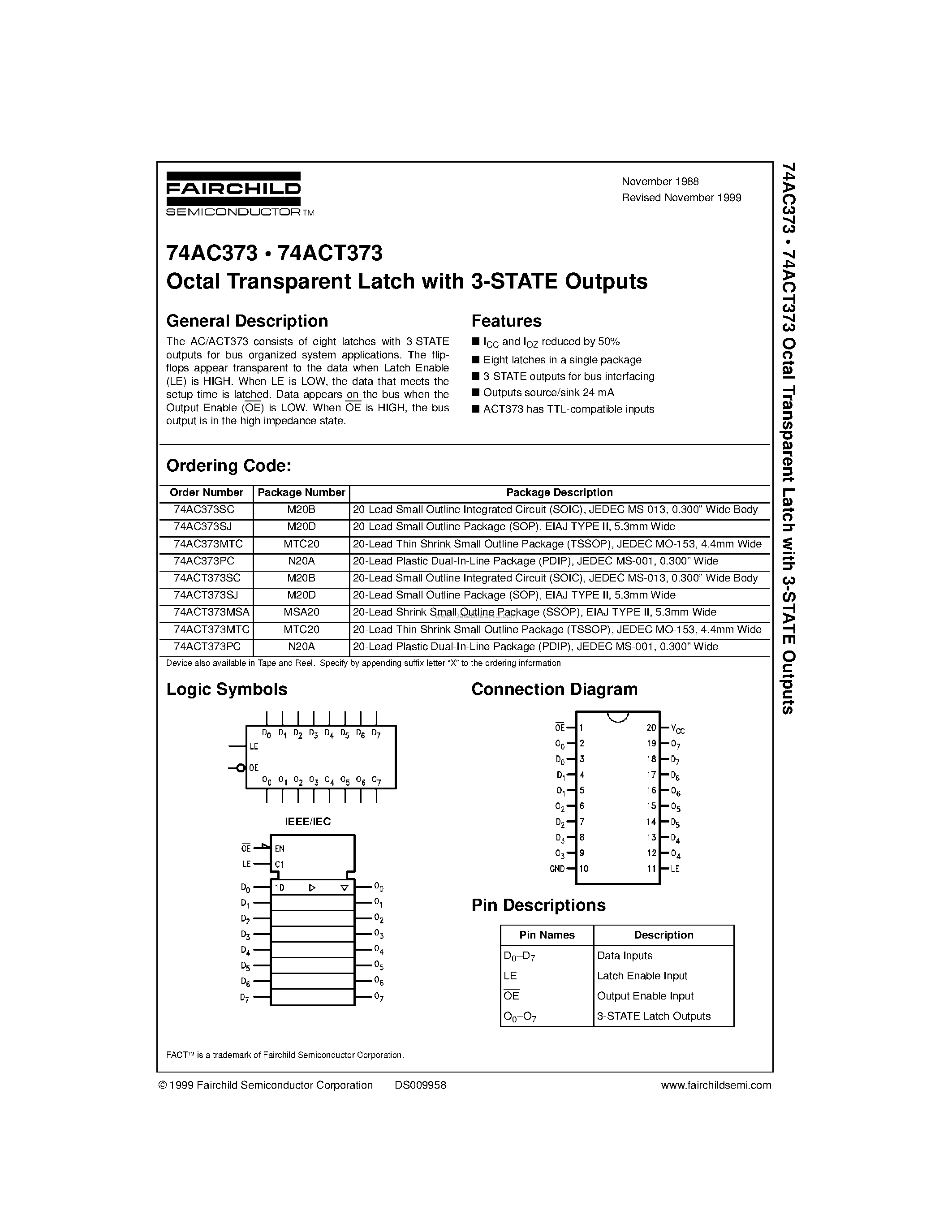 Даташит 74ACT373MTC - Octal Transparent Latch with 3-STATE Outputs страница 1