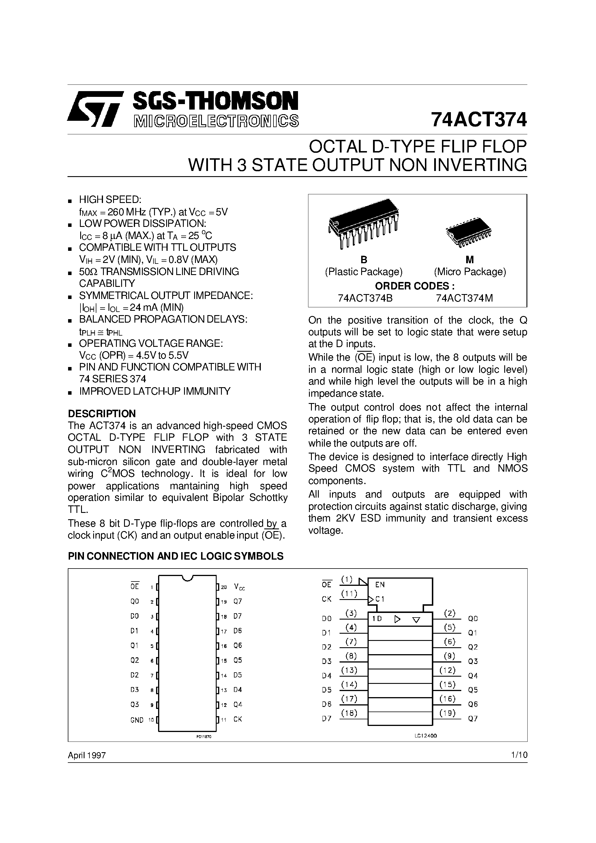 Даташит 74ACT374 - OCTAL D-TYPE FLIP FLOP WITH 3 STATE OUTPUT NON INVERTING страница 1