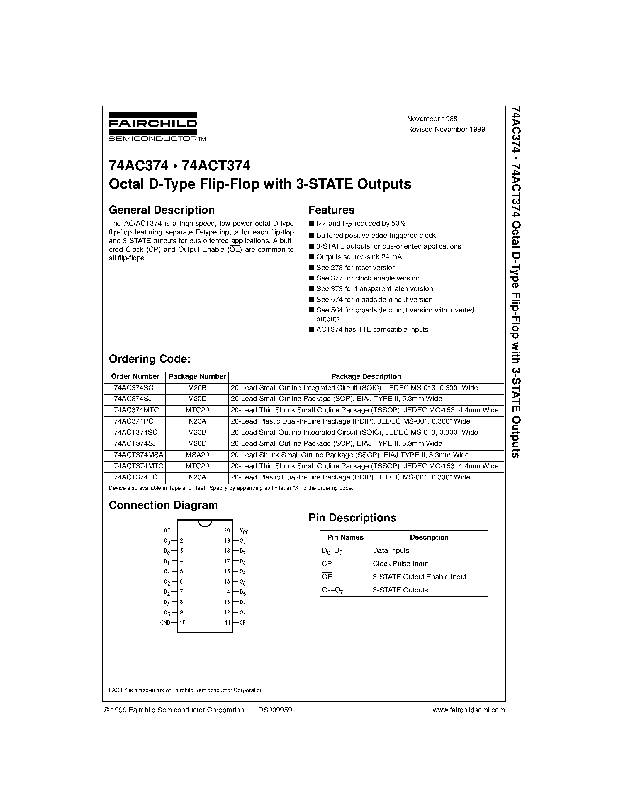 Даташит 74ACT374 - Octal D-Type Flip-Flop with 3-STATE Outputs страница 1