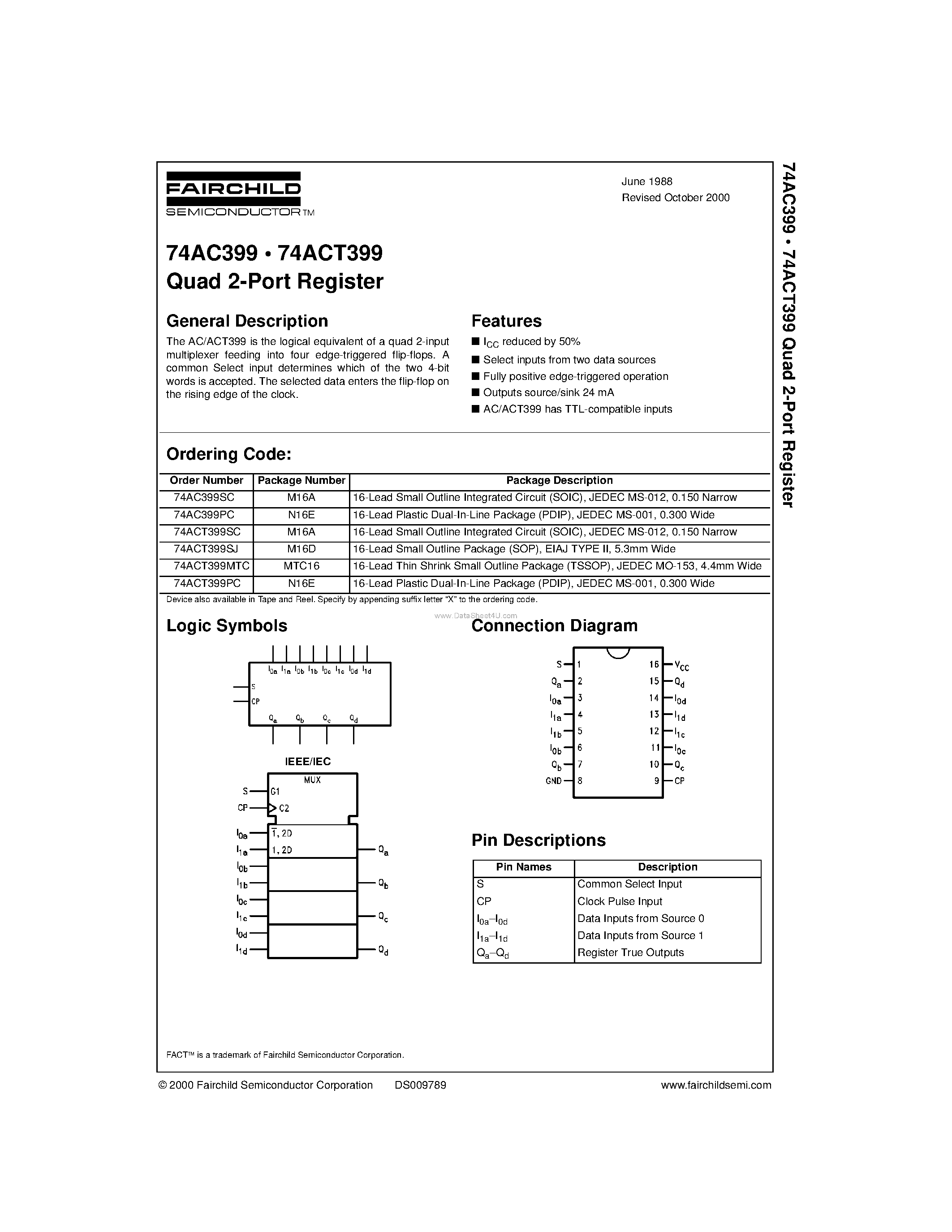 Даташит 74ACT399PC - Quad 2-Port Register страница 1