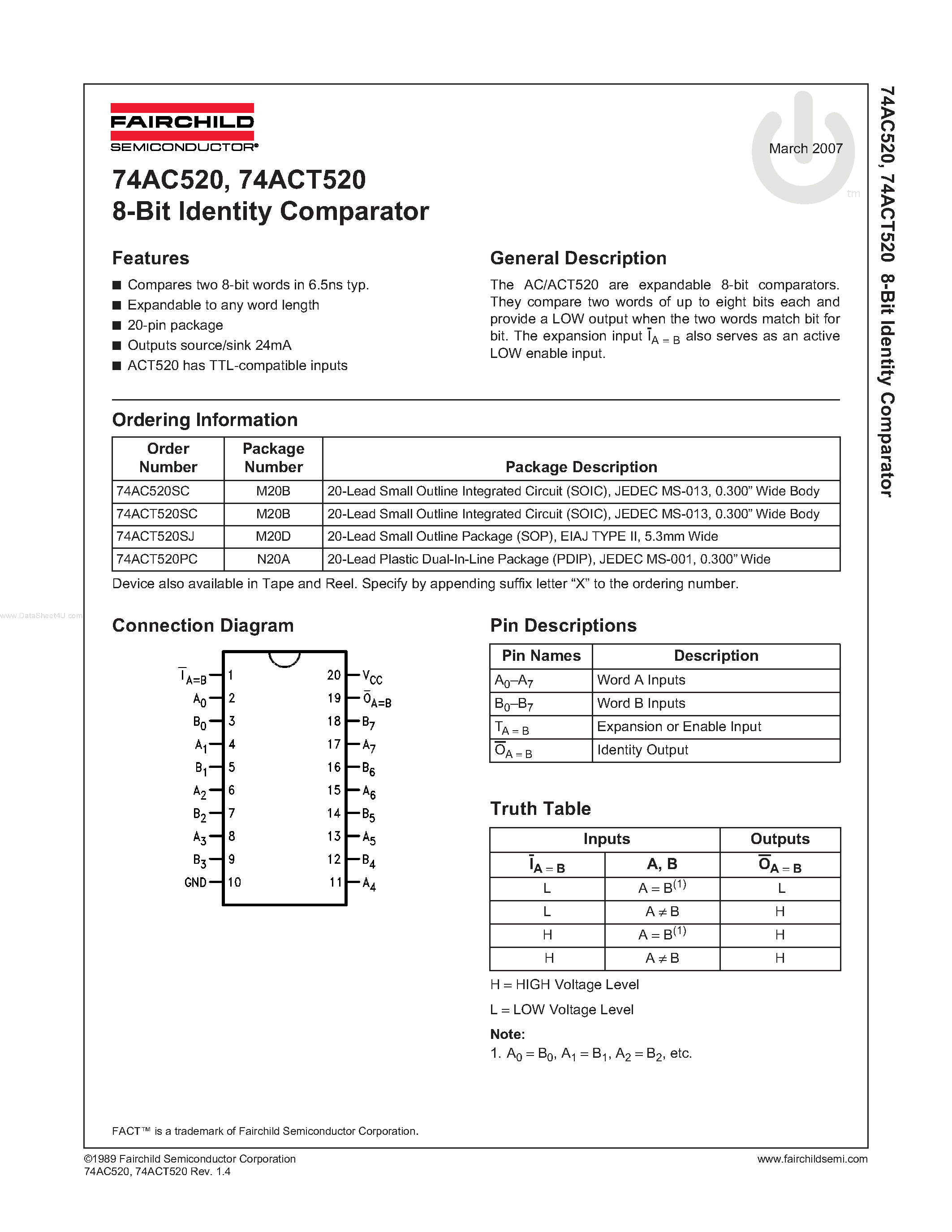 Даташит 74ACT520PC - 8-Bit Identity Comparator страница 1