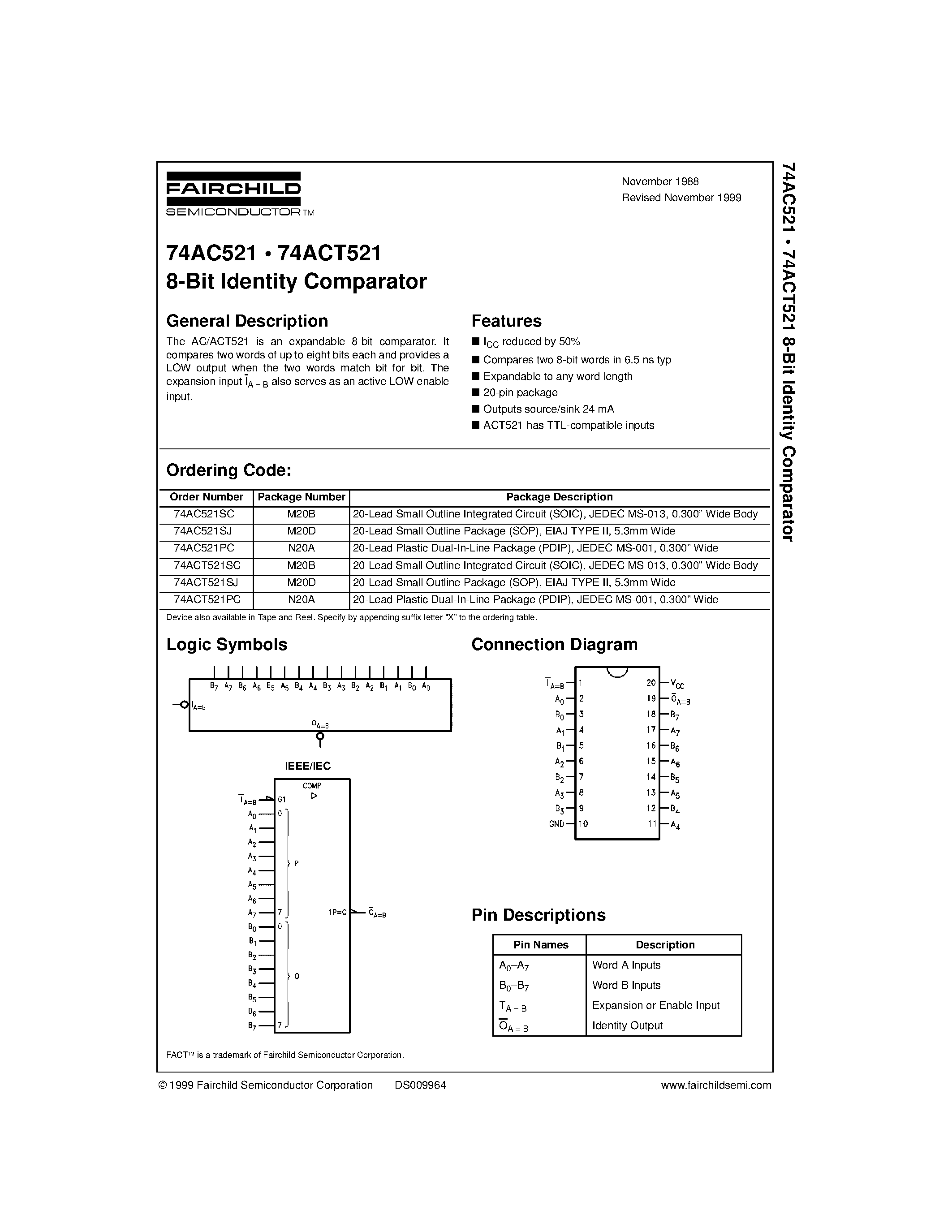 Даташит 74ACT521PC - 8-Bit Identity Comparator страница 1