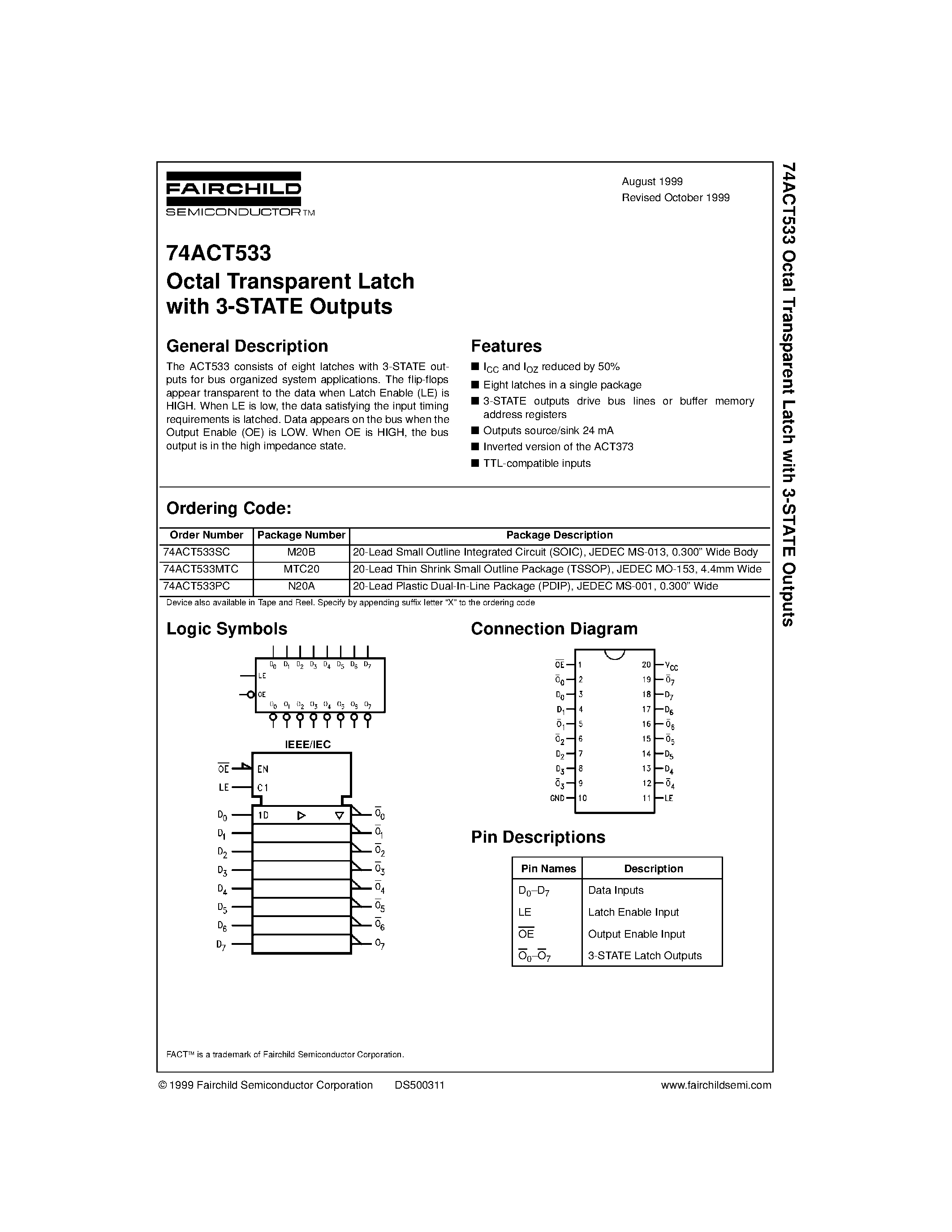 Даташит 74ACT533 - Octal Transparent Latch with 3-STATE Outputs страница 1