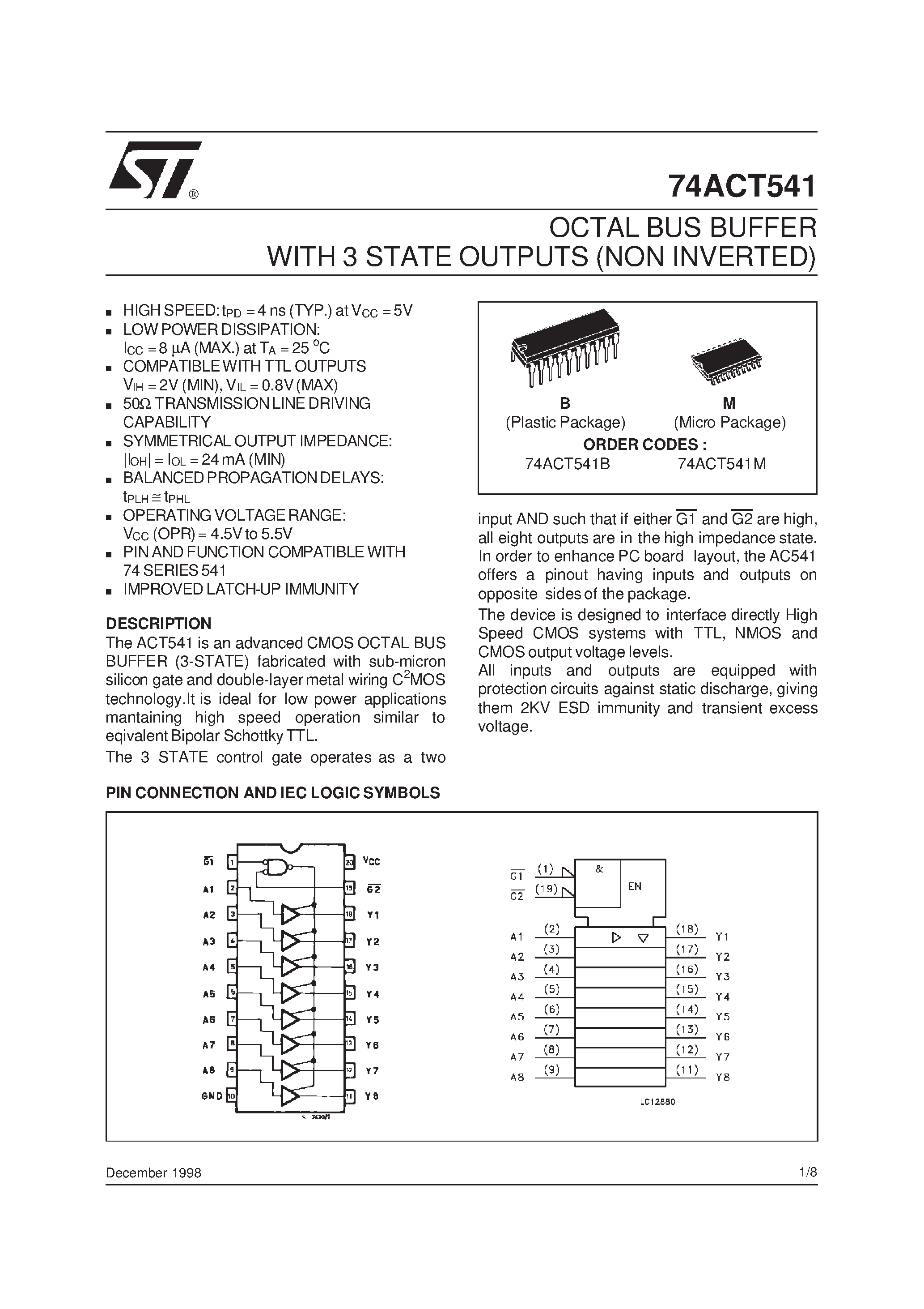 Даташит 74ACT541 - OCTAL BUS BUFFER WITH 3 STATE OUTPUTS NON INVERTED страница 1