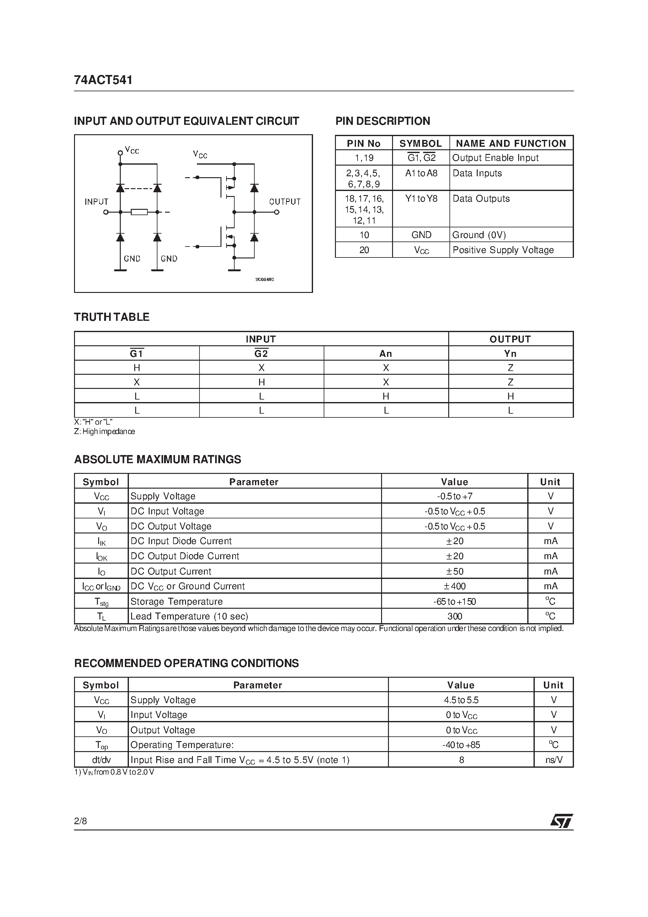 Даташит 74ACT541 - OCTAL BUS BUFFER WITH 3 STATE OUTPUTS NON INVERTED страница 2