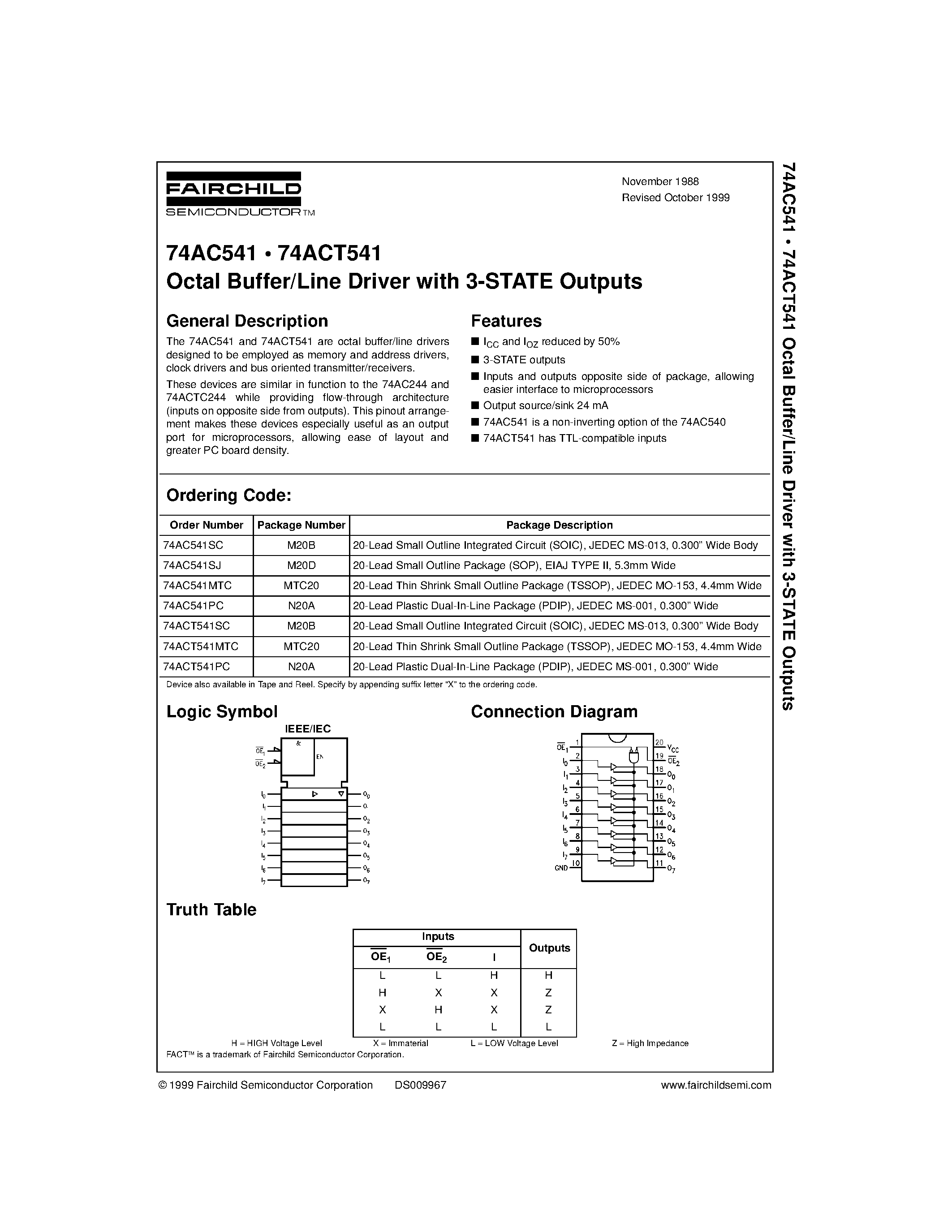 Даташит 74ACT541 - Octal Buffer/Line Driver with 3-STATE Outputs страница 1