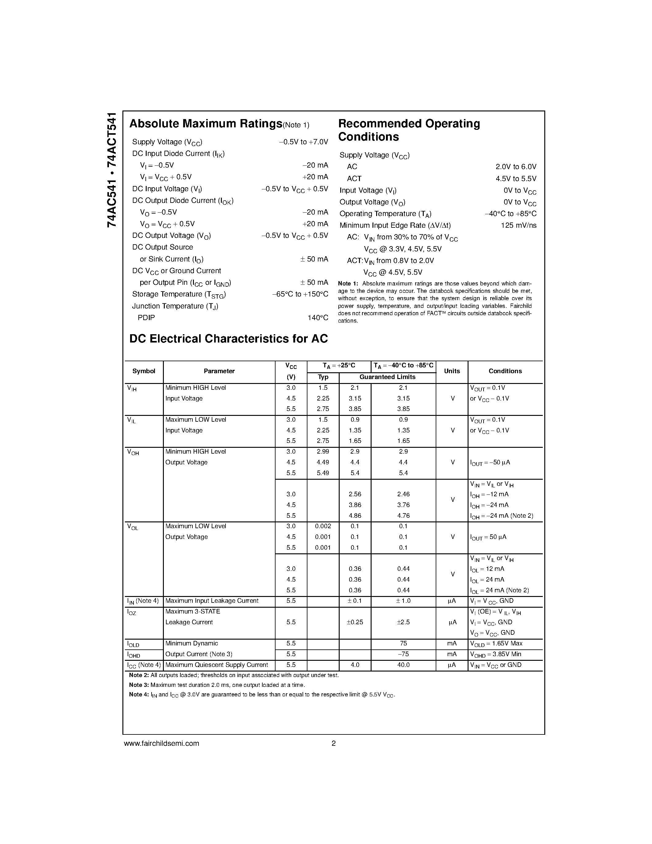 Даташит 74ACT541 - Octal Buffer/Line Driver with 3-STATE Outputs страница 2