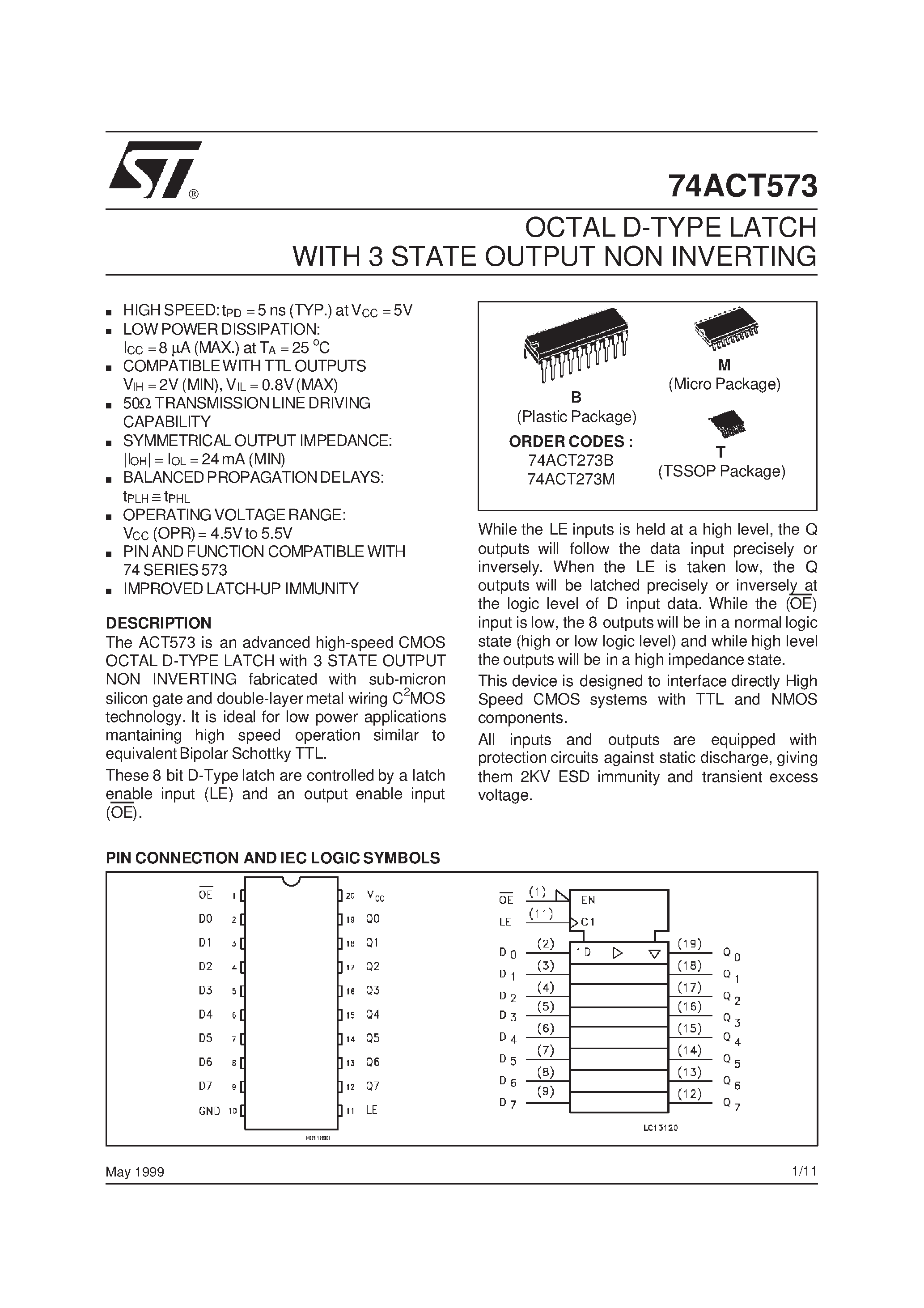 Даташит 74ACT573 - OCTAL D-TYPE LATCH WITH 3 STATE OUTPUT NON INVERTING страница 1