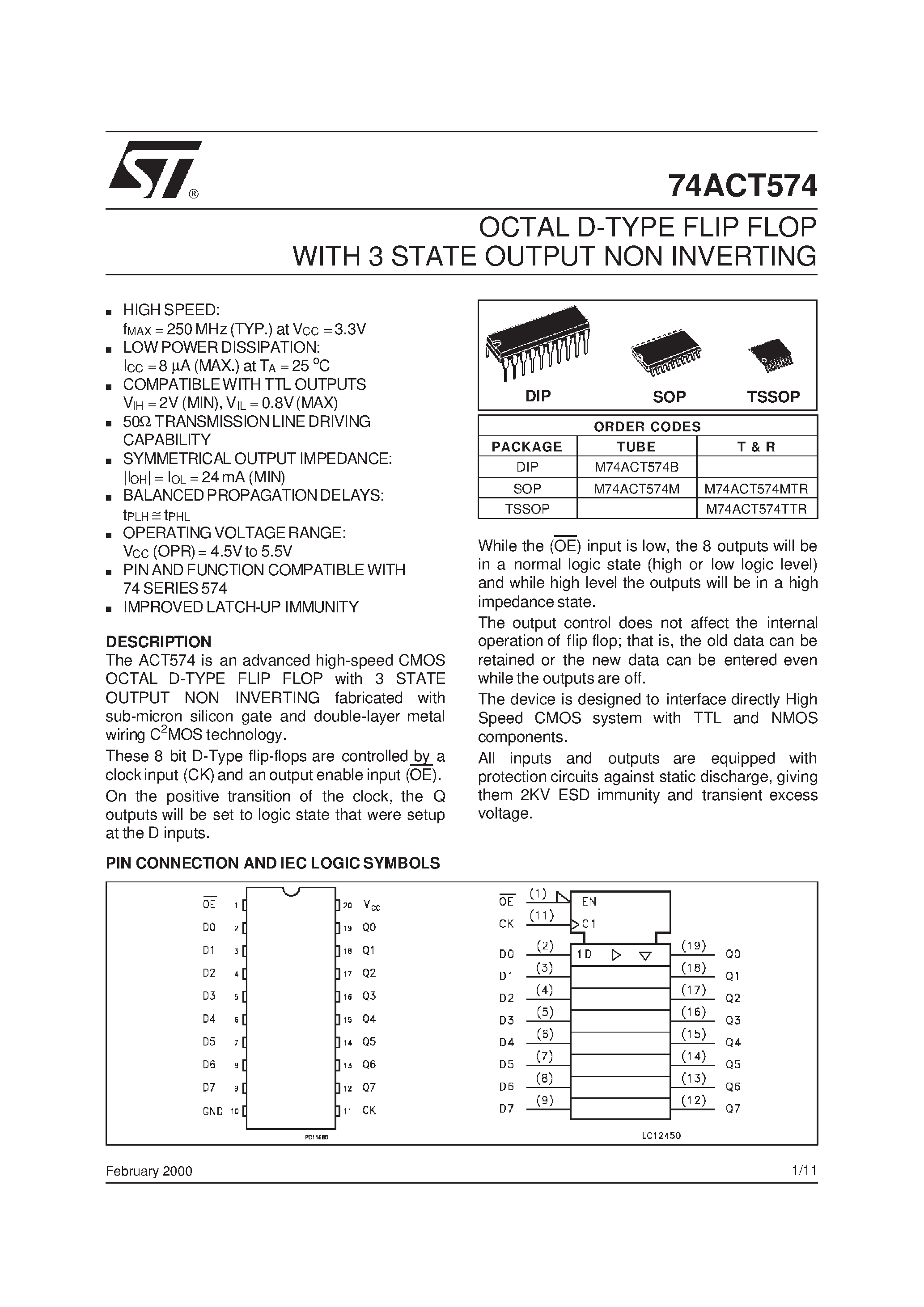 Даташит 74ACT574 - OCTAL D-TYPE FLIP FLOP WITH 3 STATE OUTPUT NON INVERTING страница 1