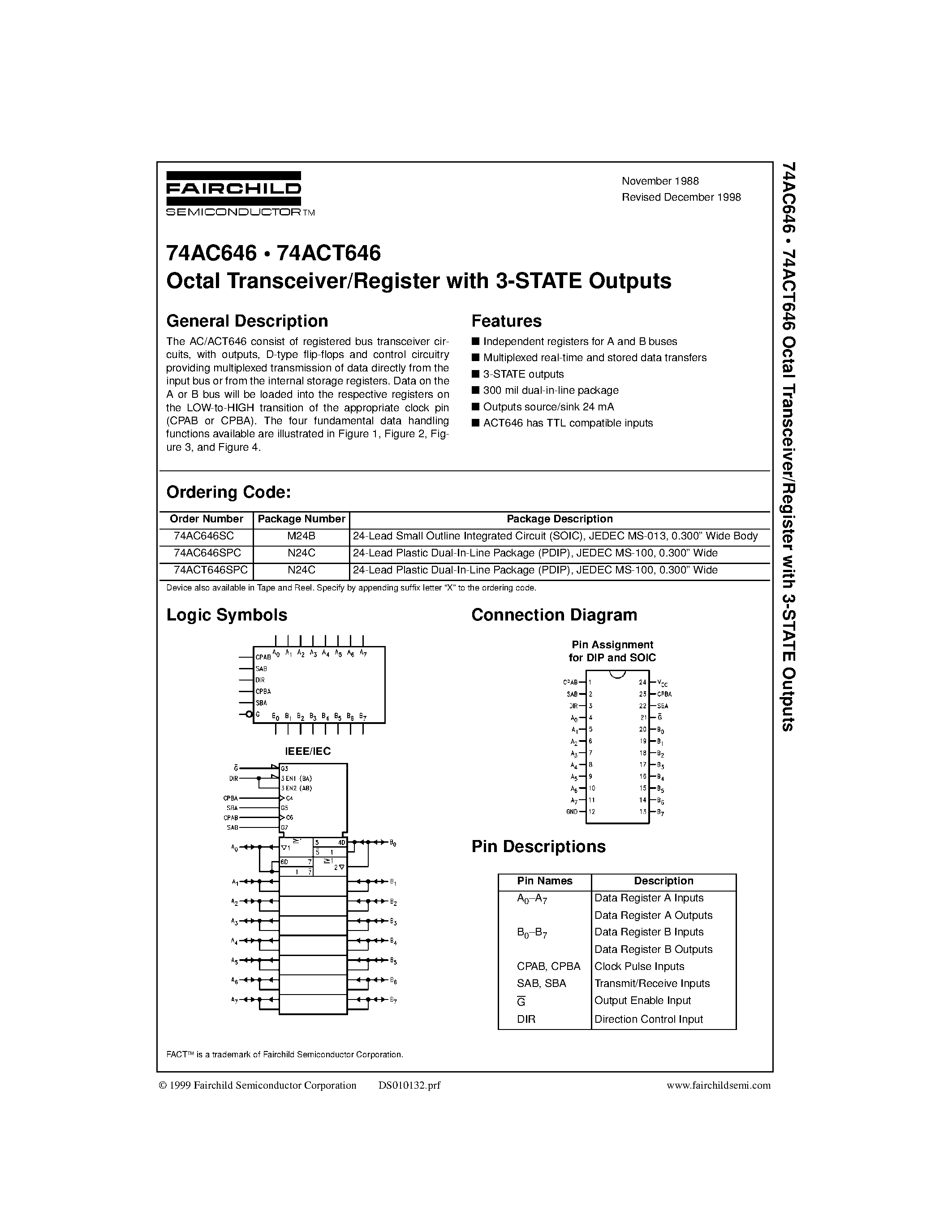 Даташит 74ACT646 - Octal Transceiver/Register with 3-STATE Outputs страница 1