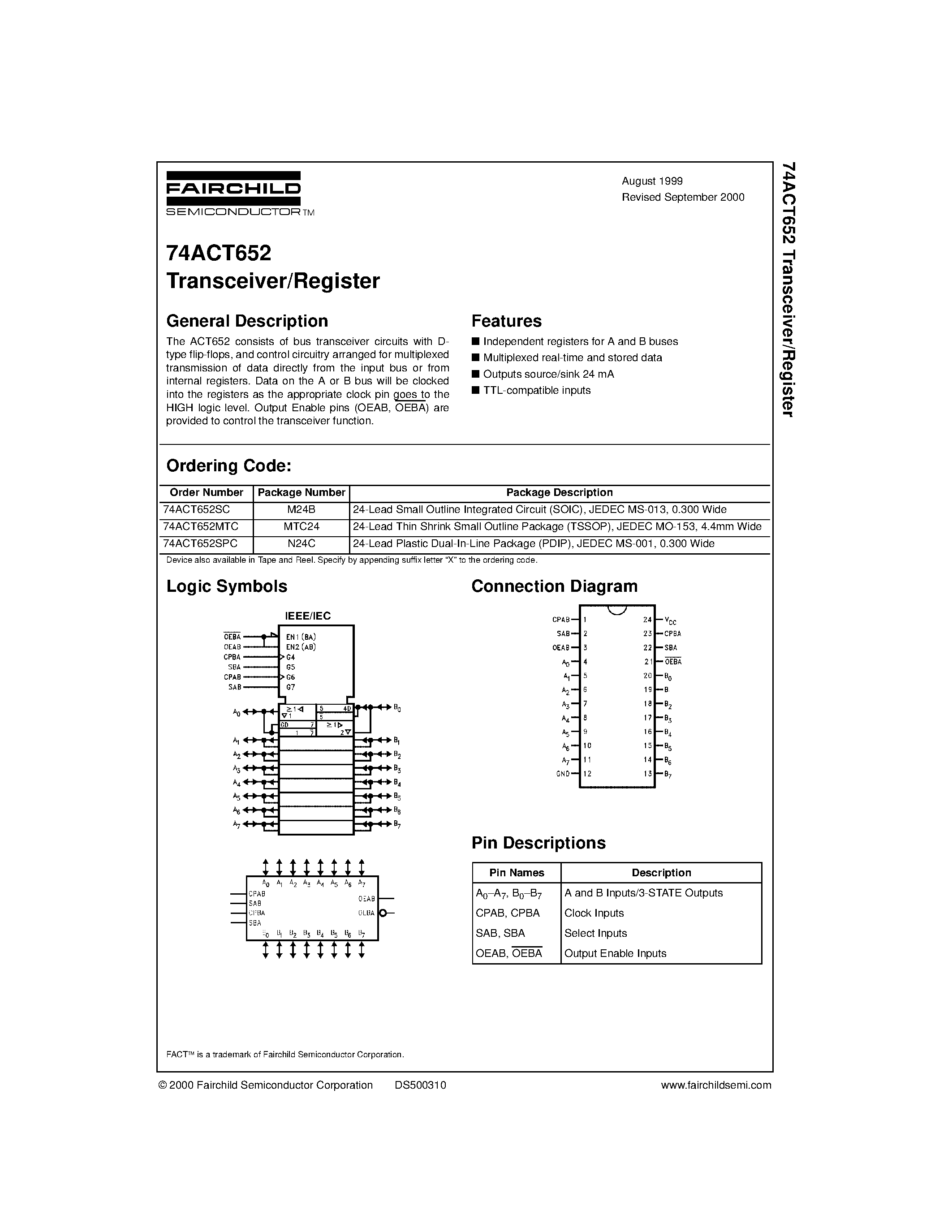 Даташит 74ACT652 - Transceiver/Register страница 1