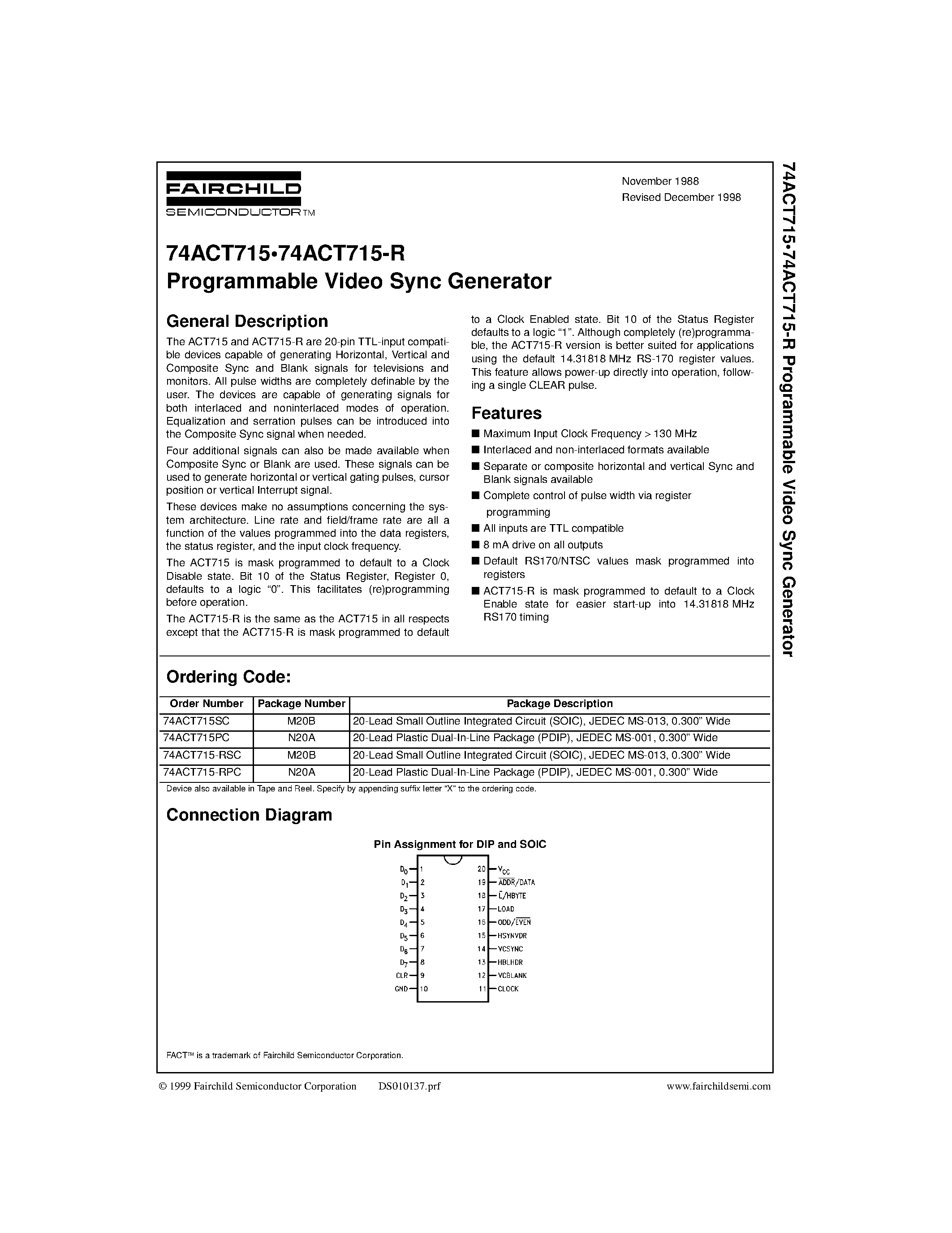 Даташит 74ACT715-RPC - Programmable Video Sync Generator страница 1