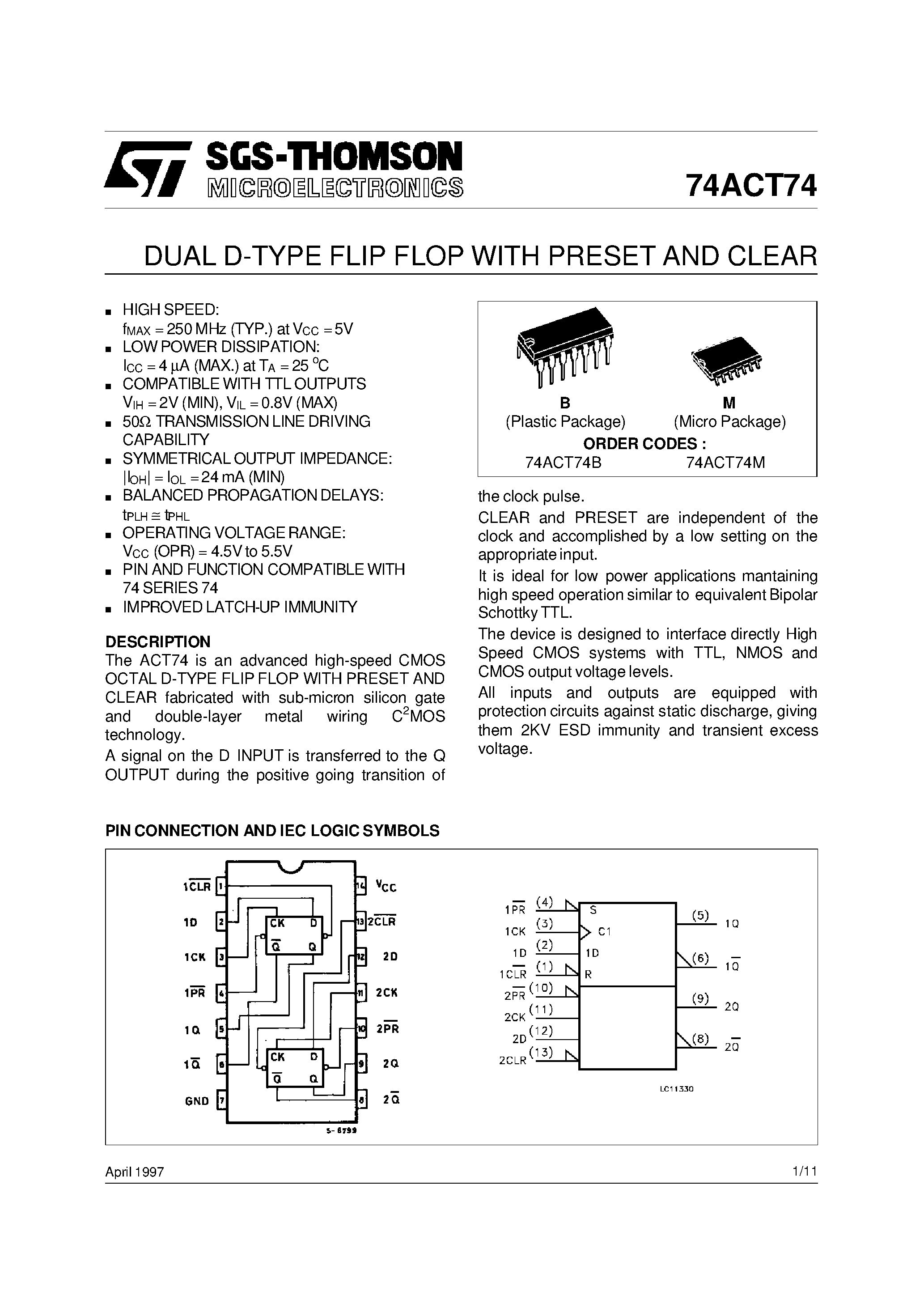 Даташит 74ACT74B - DUAL D-TYPE FLIP FLOP WITH PRESET AND CLEAR страница 1