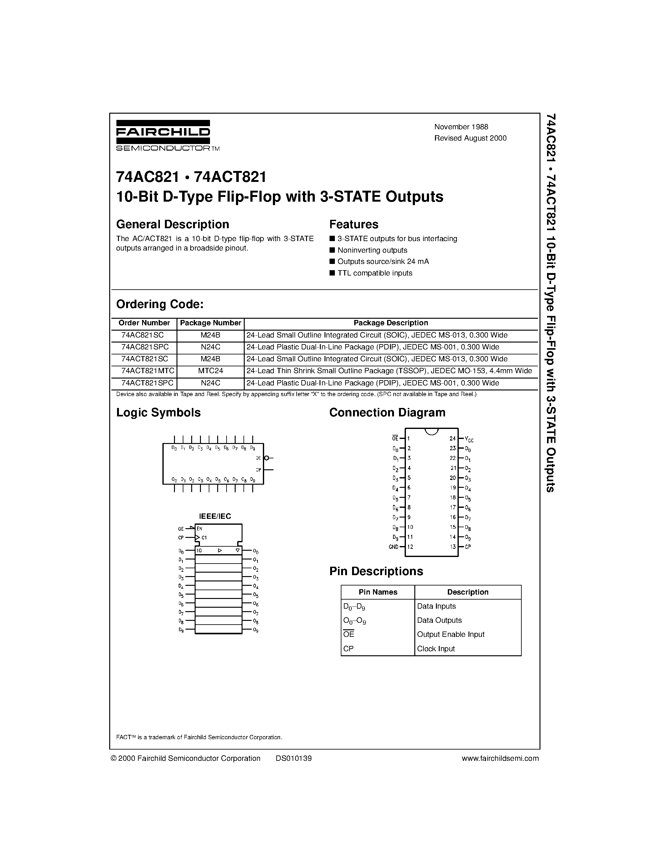 Даташит 74ACT821 - 10-Bit D-Type Flip-Flop with 3-STATE Outputs страница 1