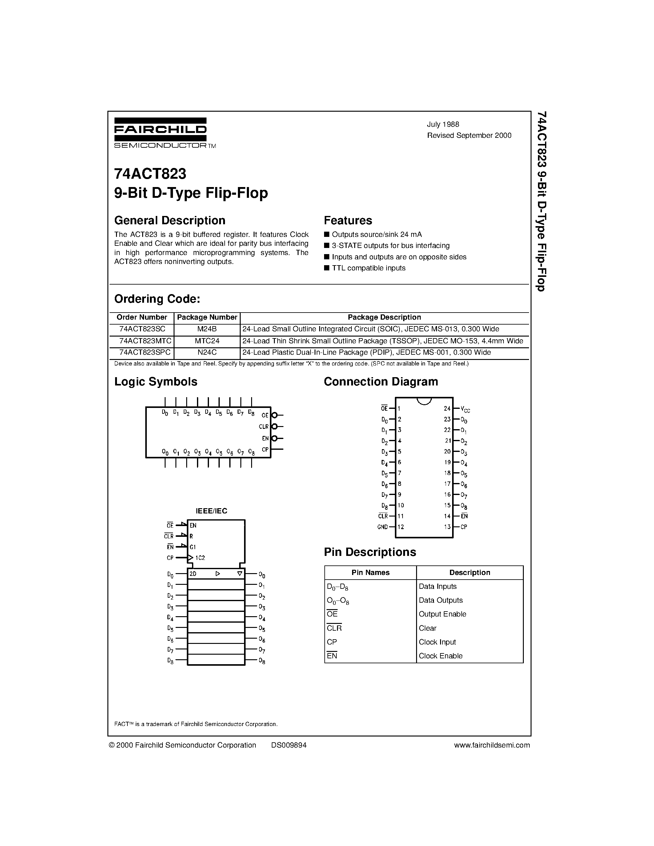 Даташит 74ACT823 - 9-Bit D-Type Flip-Flop страница 1