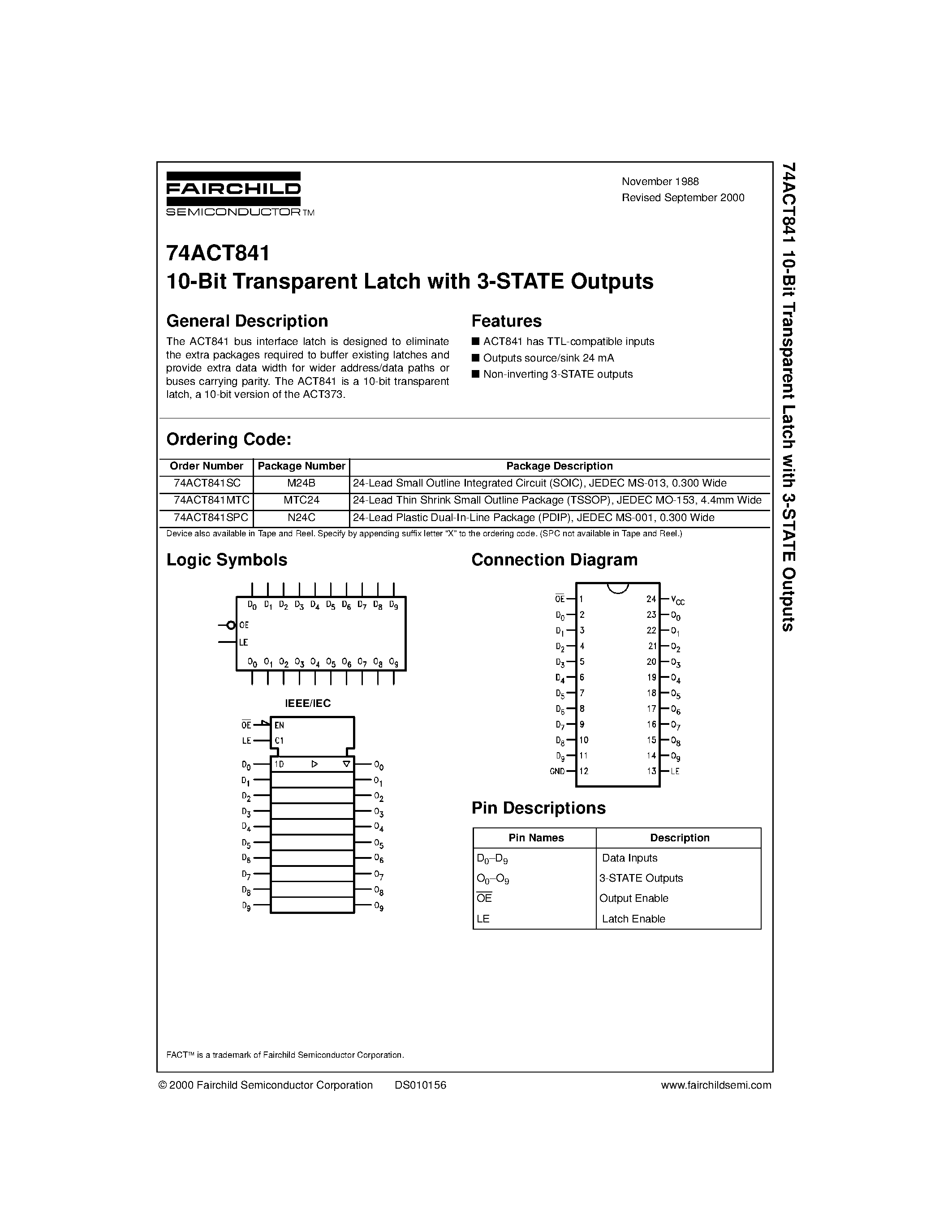 Даташит 74ACT841 - 10-Bit Transparent Latch with 3-STATE Outputs страница 1