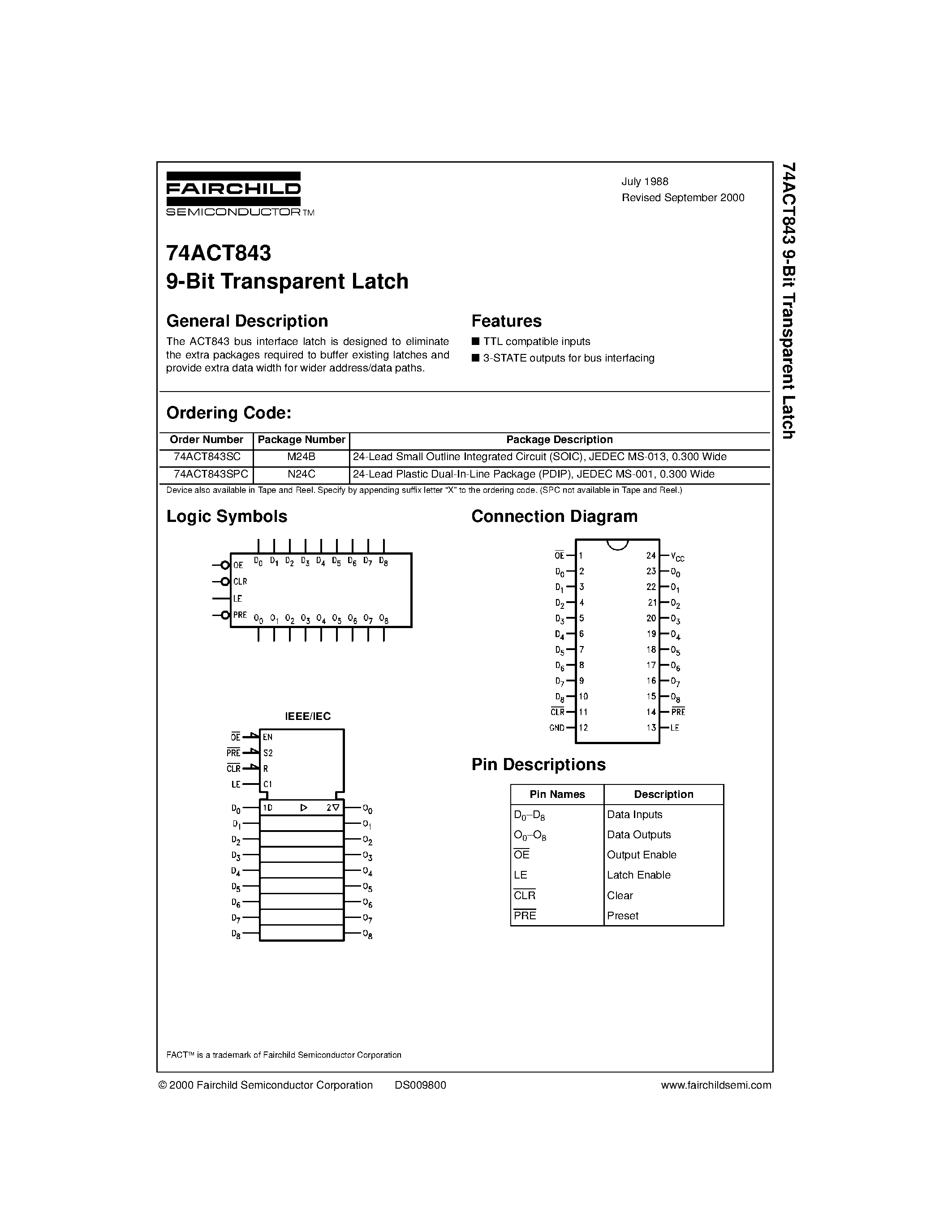 Даташит 74ACT843 - 9-Bit Transparent Latch страница 1