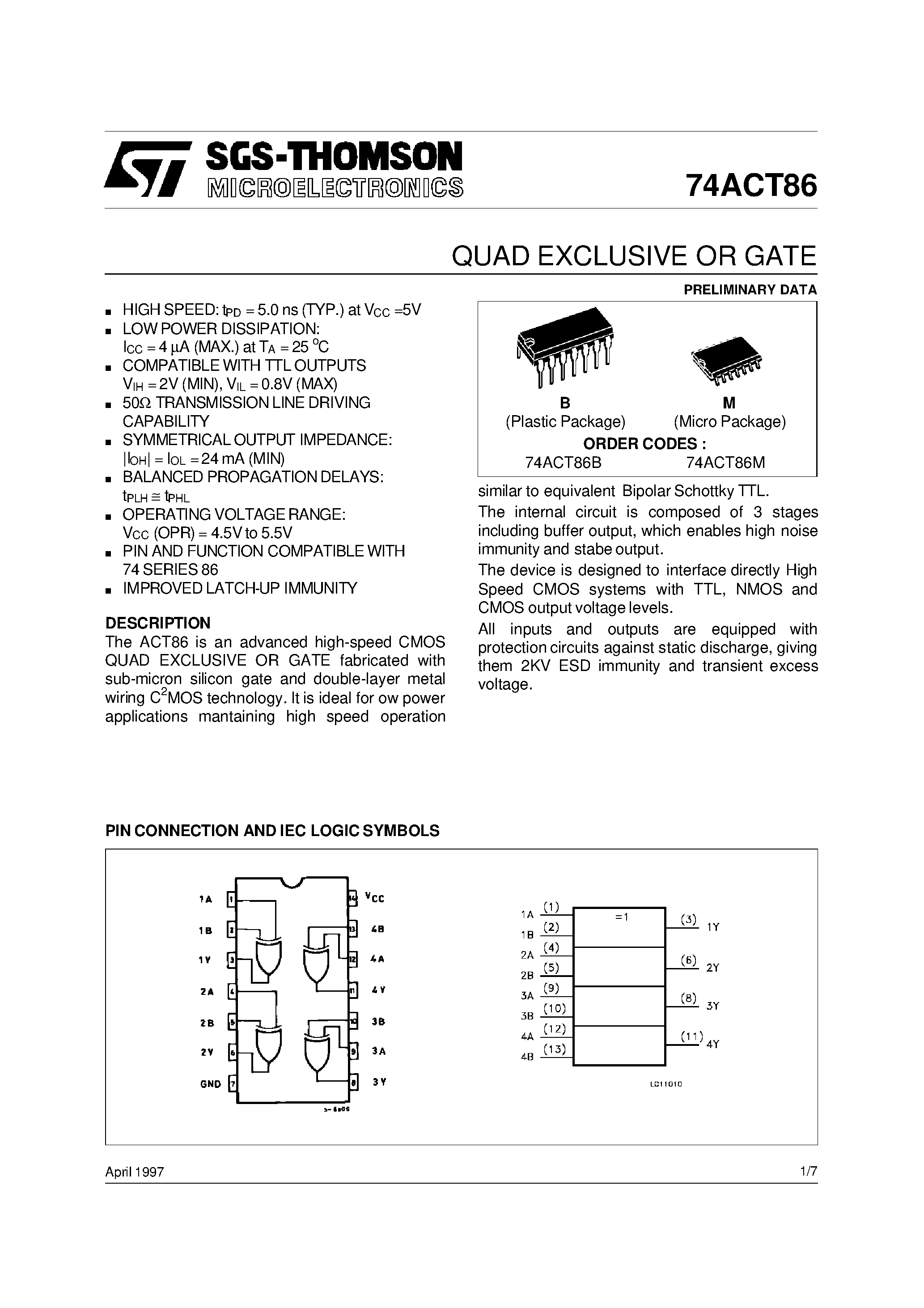 Даташит 74ACT86B - QUAD EXCLUSIVE OR GATE страница 1