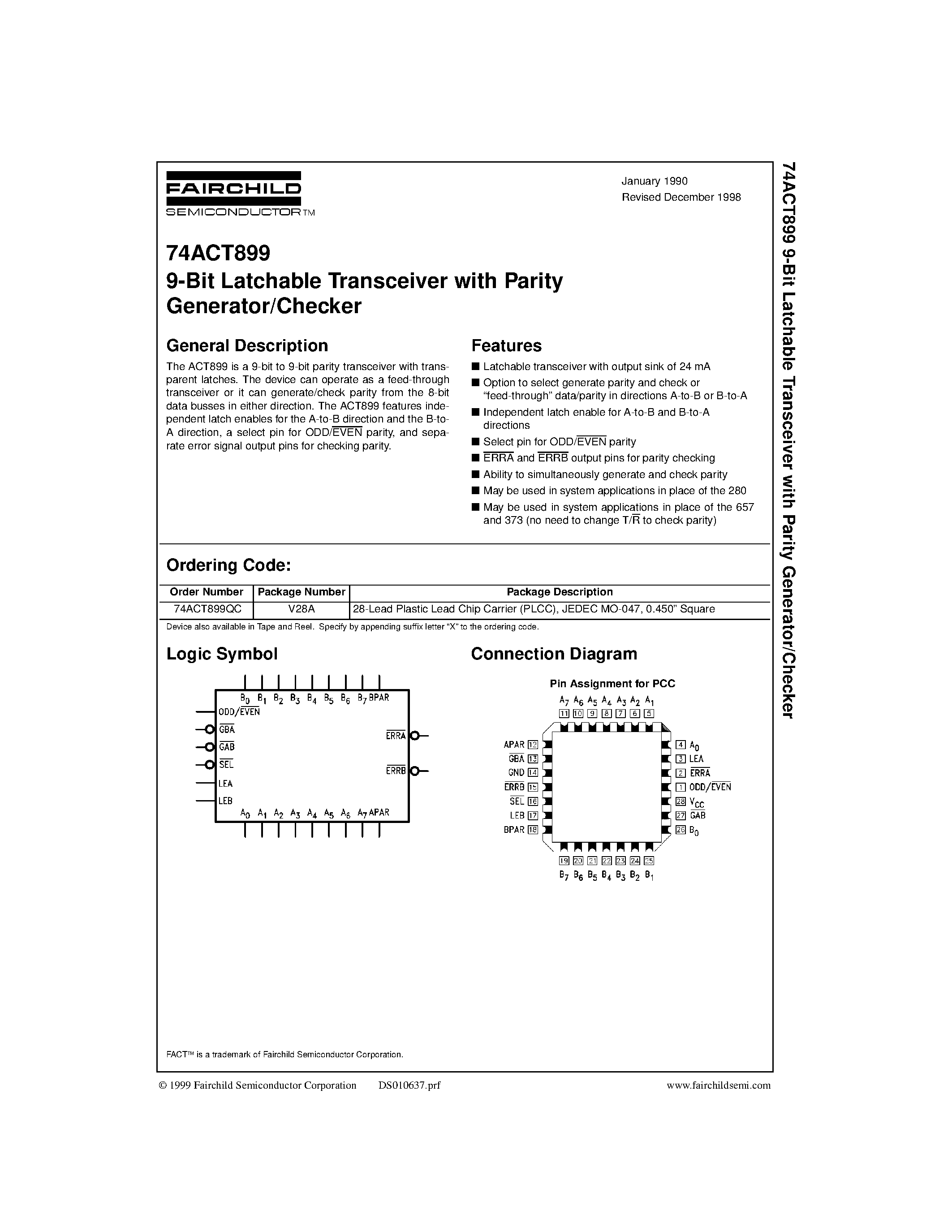 Даташит 74ACT899 - 9-Bit Latchable Transceiver with Parity Generator/Checker страница 1