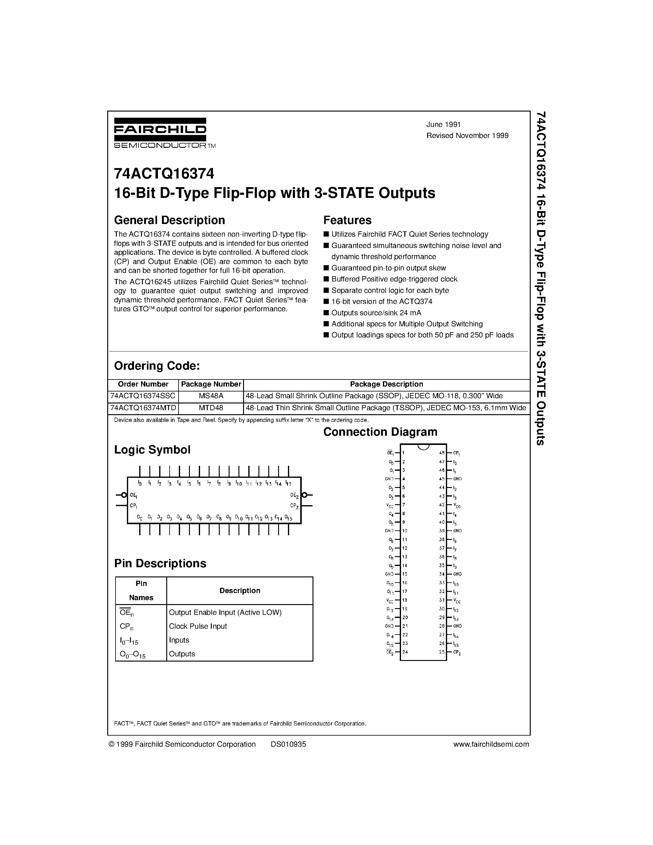 Datasheet 74ACTQ16374 - 16-Bit D-Type Flip-Flop with 3-STATE Outputs page 1