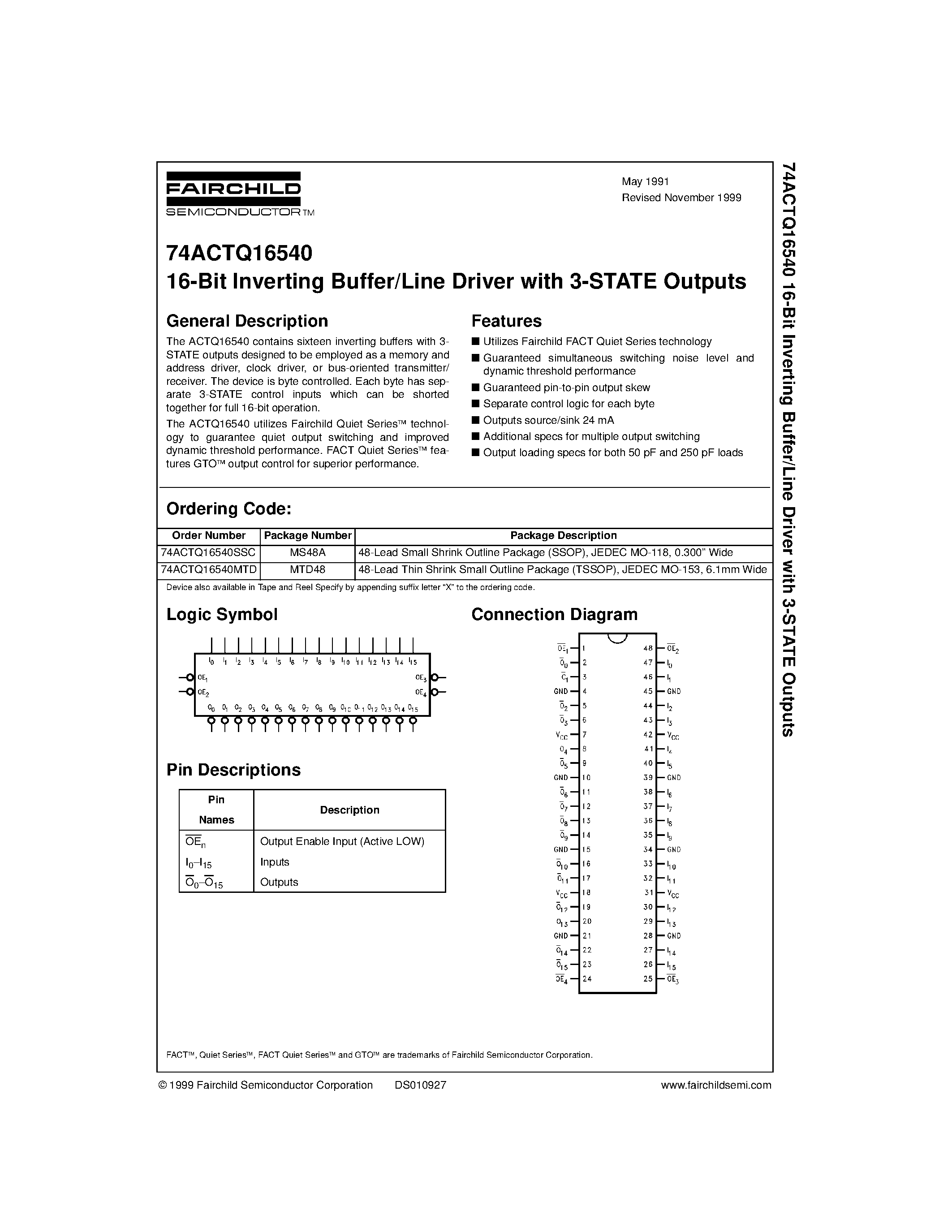 Datasheet 74ACTQ16540MTD - 16-Bit Inverting Buffer/Line Driver with 3-STATE Outputs page 1