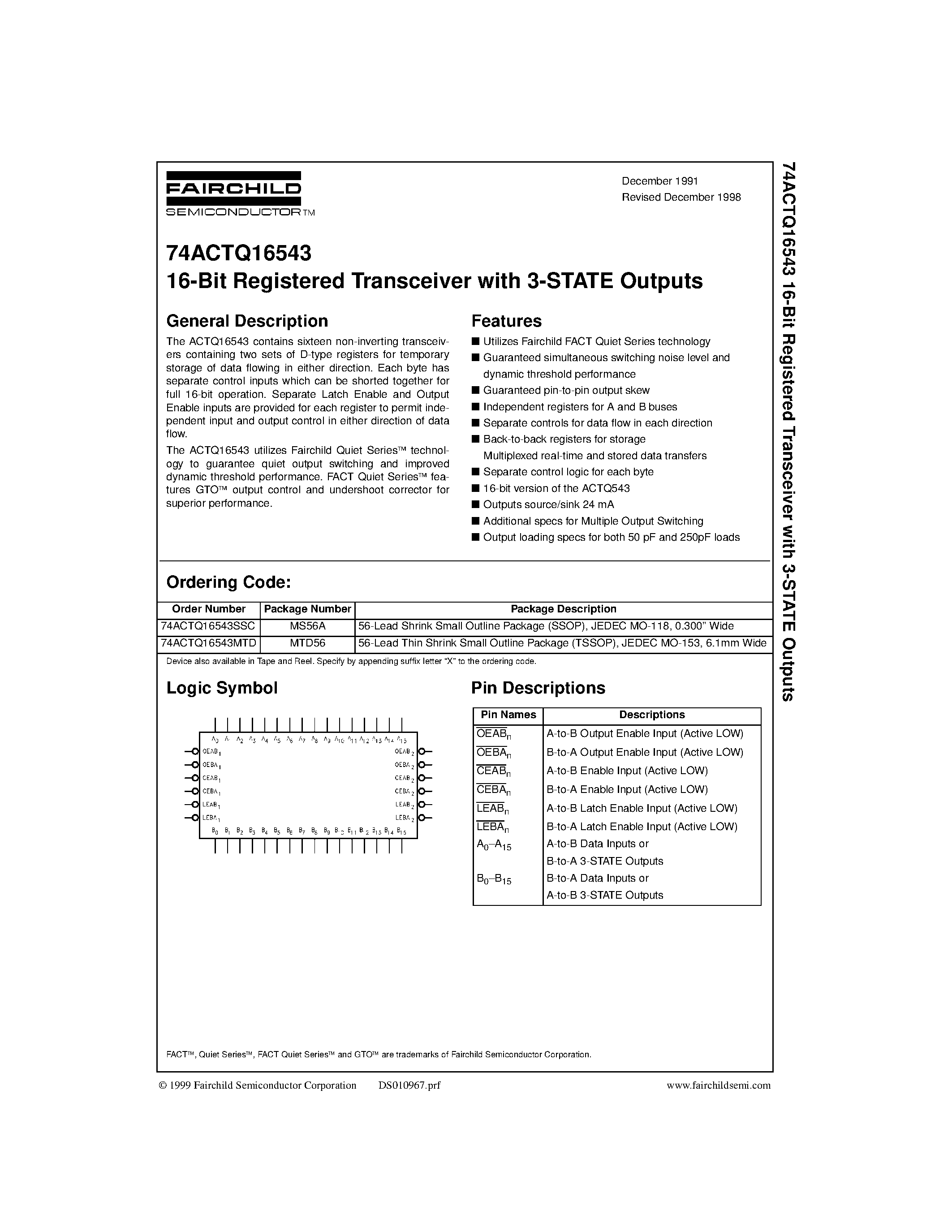 Datasheet 74ACTQ16543 - 16-Bit Registered Transceiver with 3-STATE Outputs page 1