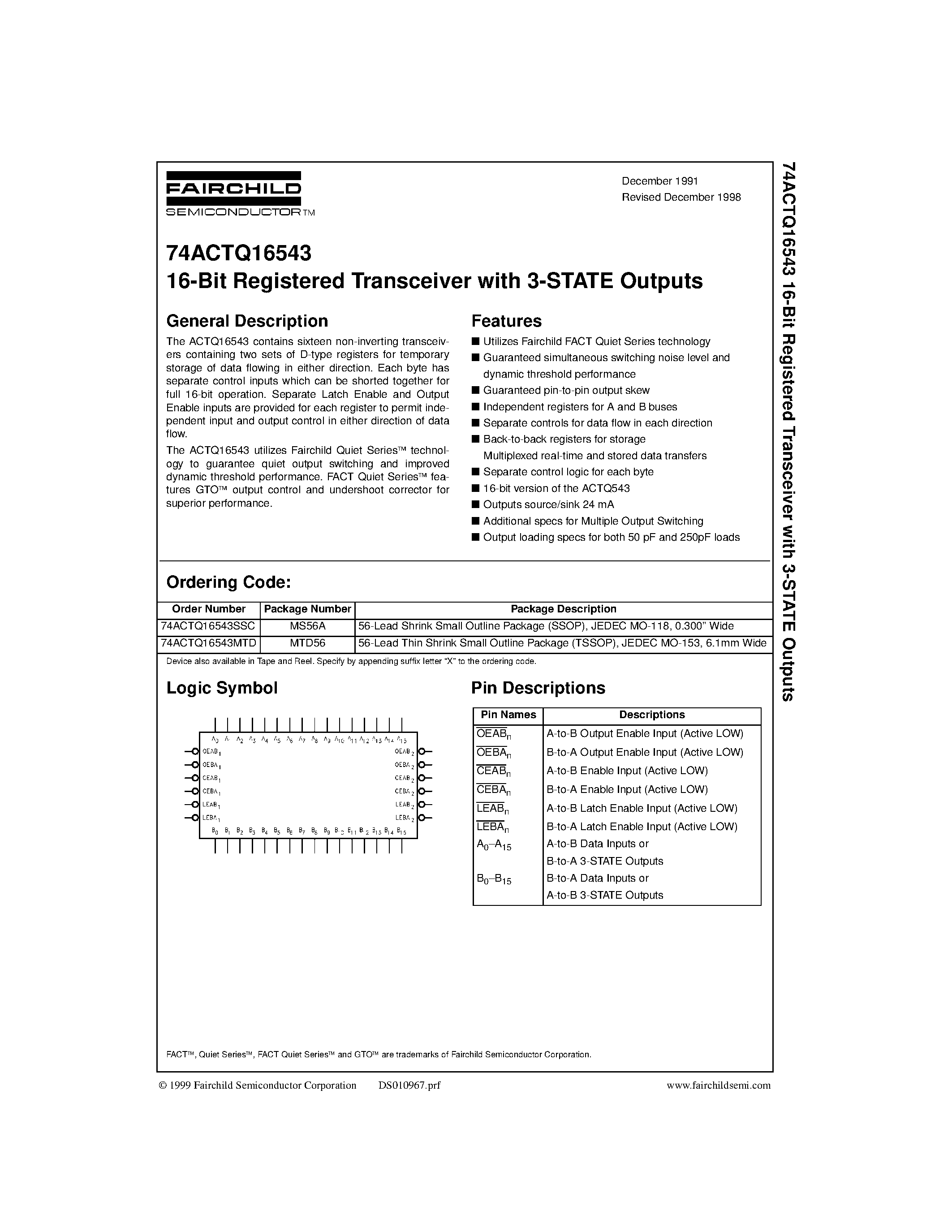 Даташит 74ACTQ16543MTD - 16-Bit Registered Transceiver with 3-STATE Outputs страница 1