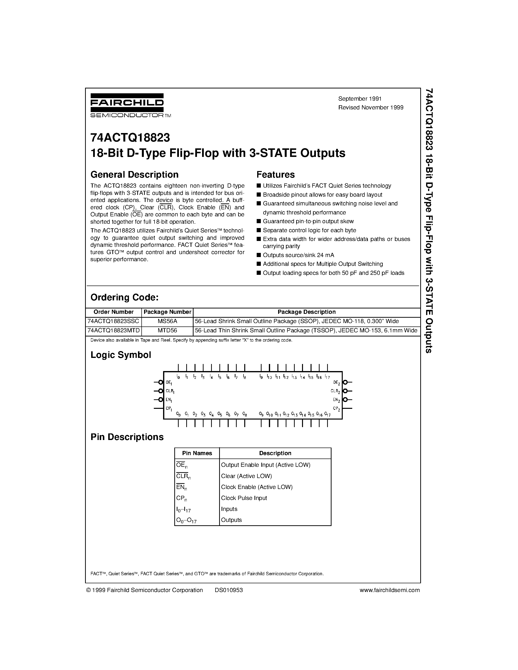 Даташит 74ACTQ18823 - 18-Bit D-Type Flip-Flop with 3-STATE Outputs страница 1