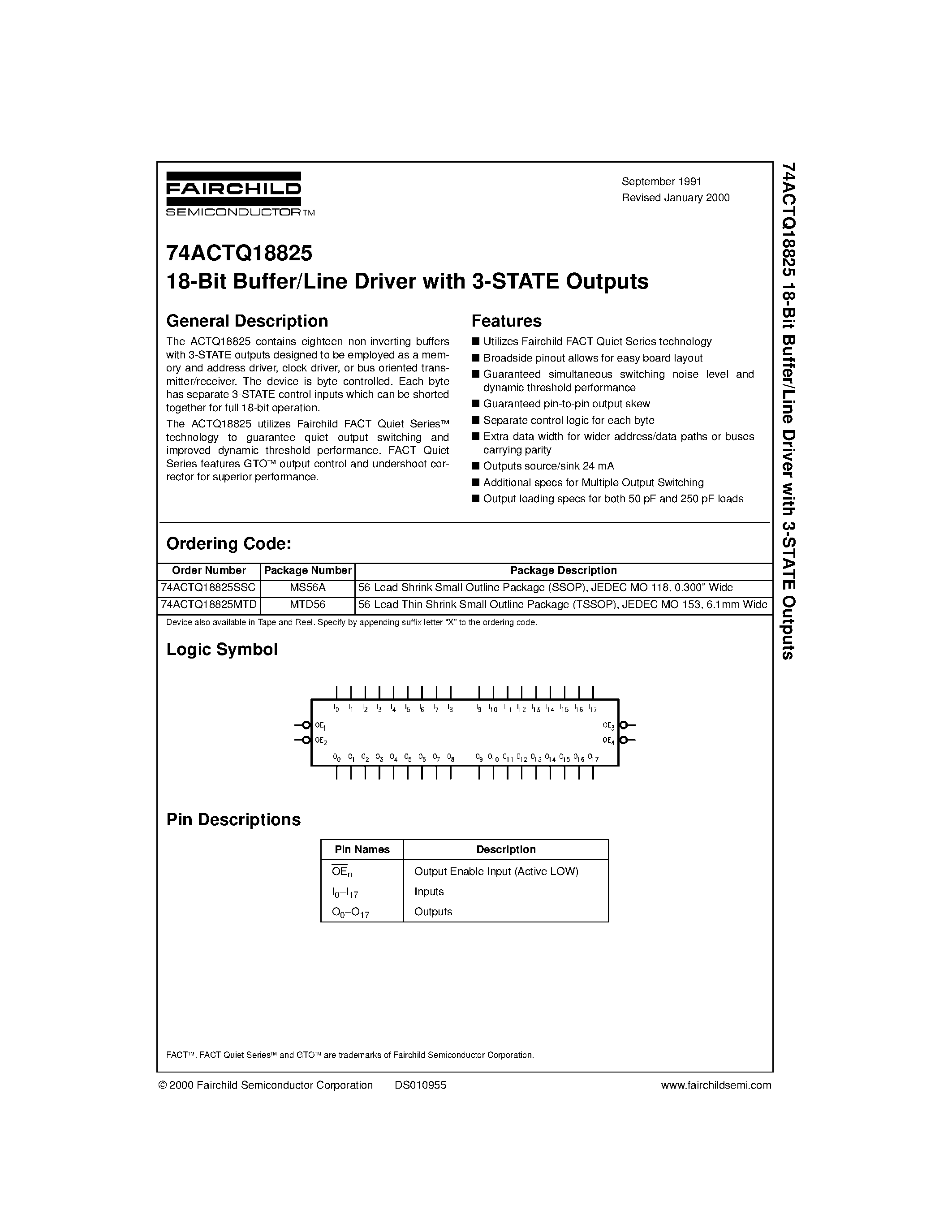 Даташит 74ACTQ18825 - 18-Bit Buffer/Line Driver with 3-STATE Outputs страница 1