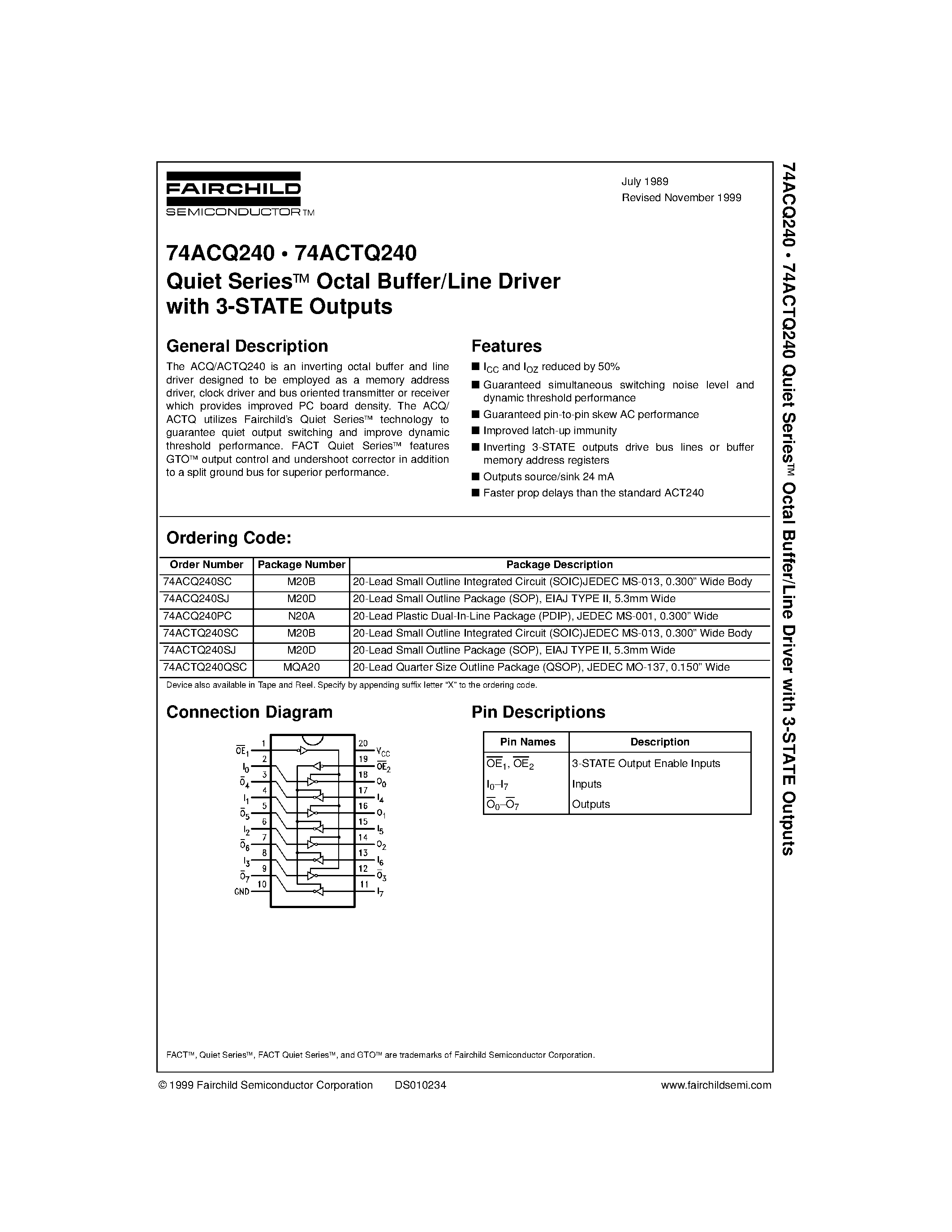 Даташит 74ACTQ240 - Quiet Series. Octal Buffer/Line Driver with 3-STATE Outputs страница 1